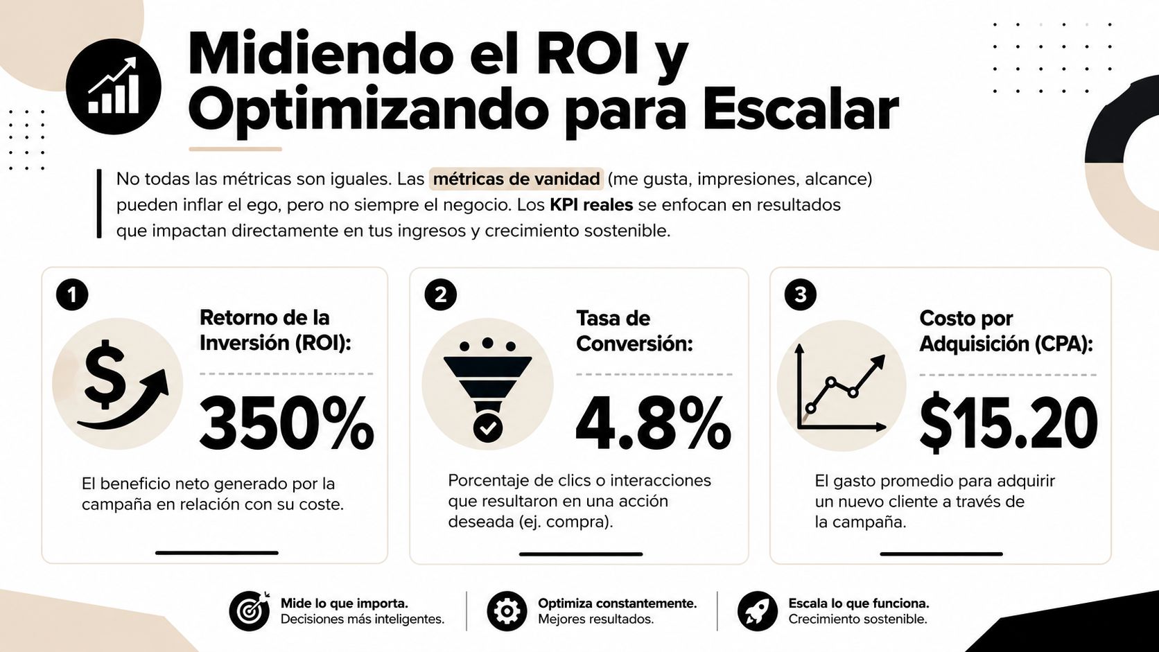 Infografía sobre cómo medir el ROI y optimizar métricas clave para lograr un crecimiento empresarial sostenible.