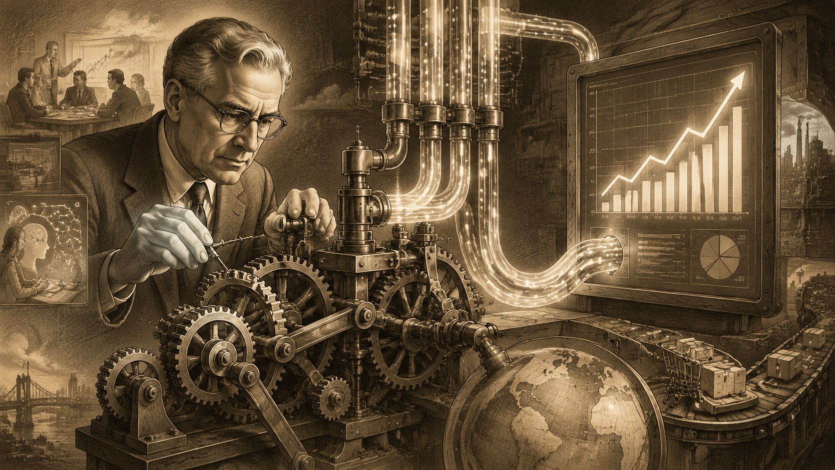 Un hombre analítico manipula un mecanismo complejo que genera datos financieros y crecimiento global en estilo vintage.