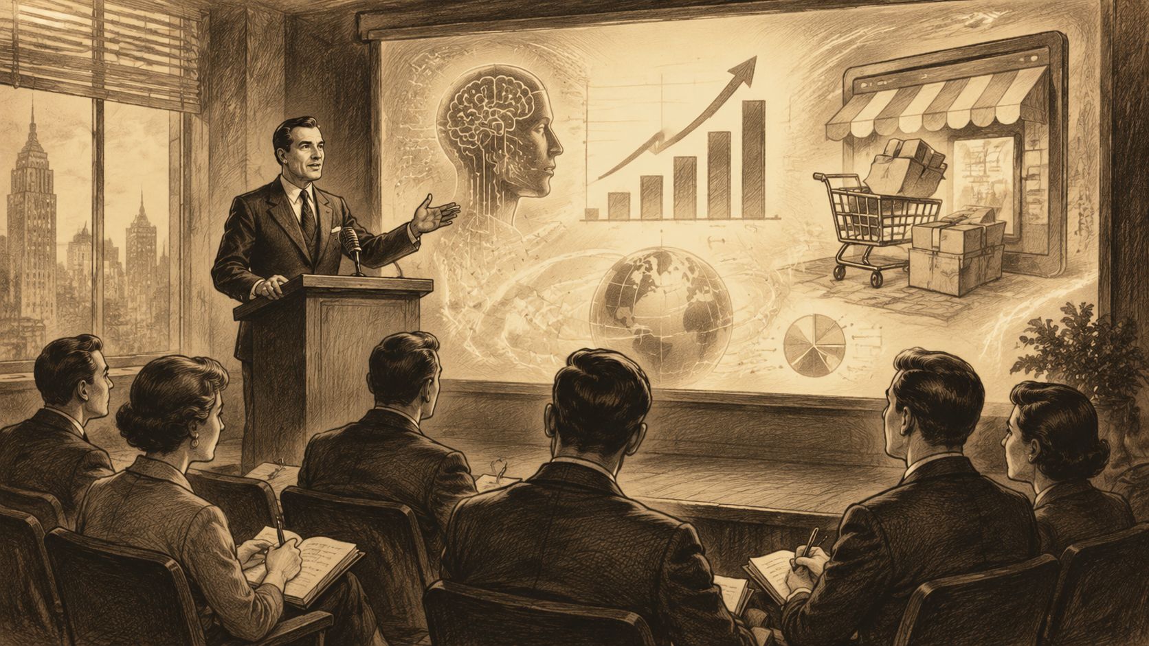 Un ejecutivo presenta estrategias de negocios modernas frente a una audiencia corporativa con proyecciones digitales en pantalla.