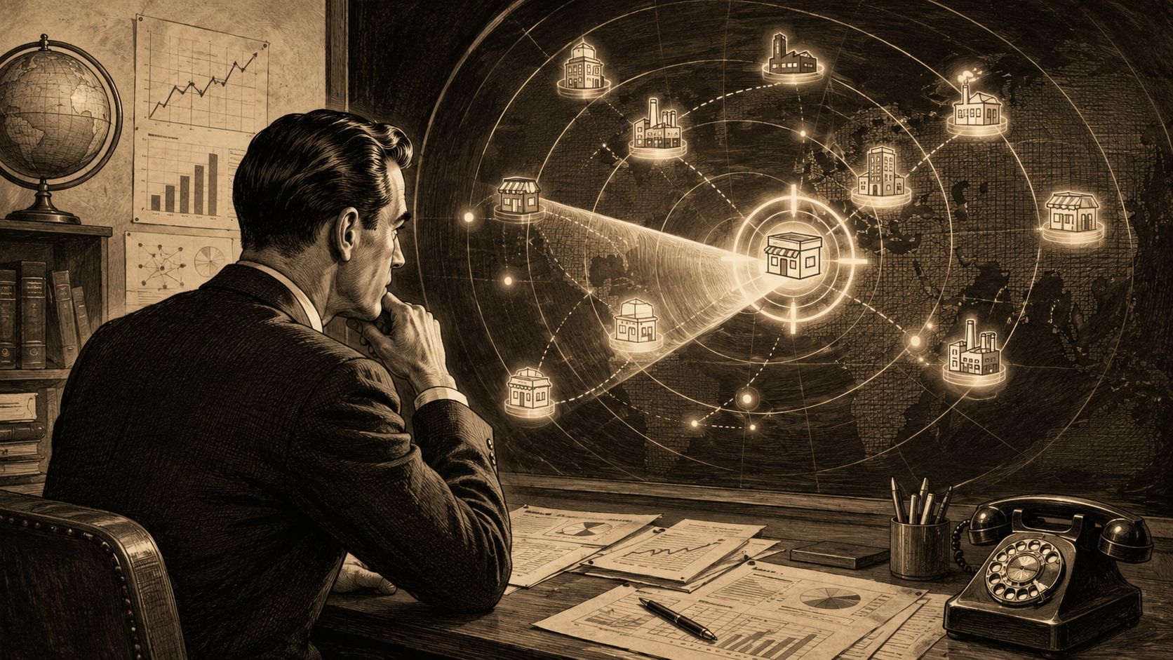 Un ejecutivo de negocios analizando estrategias de mercado global sobre un mapa interactivo con gráficos proyectados.
