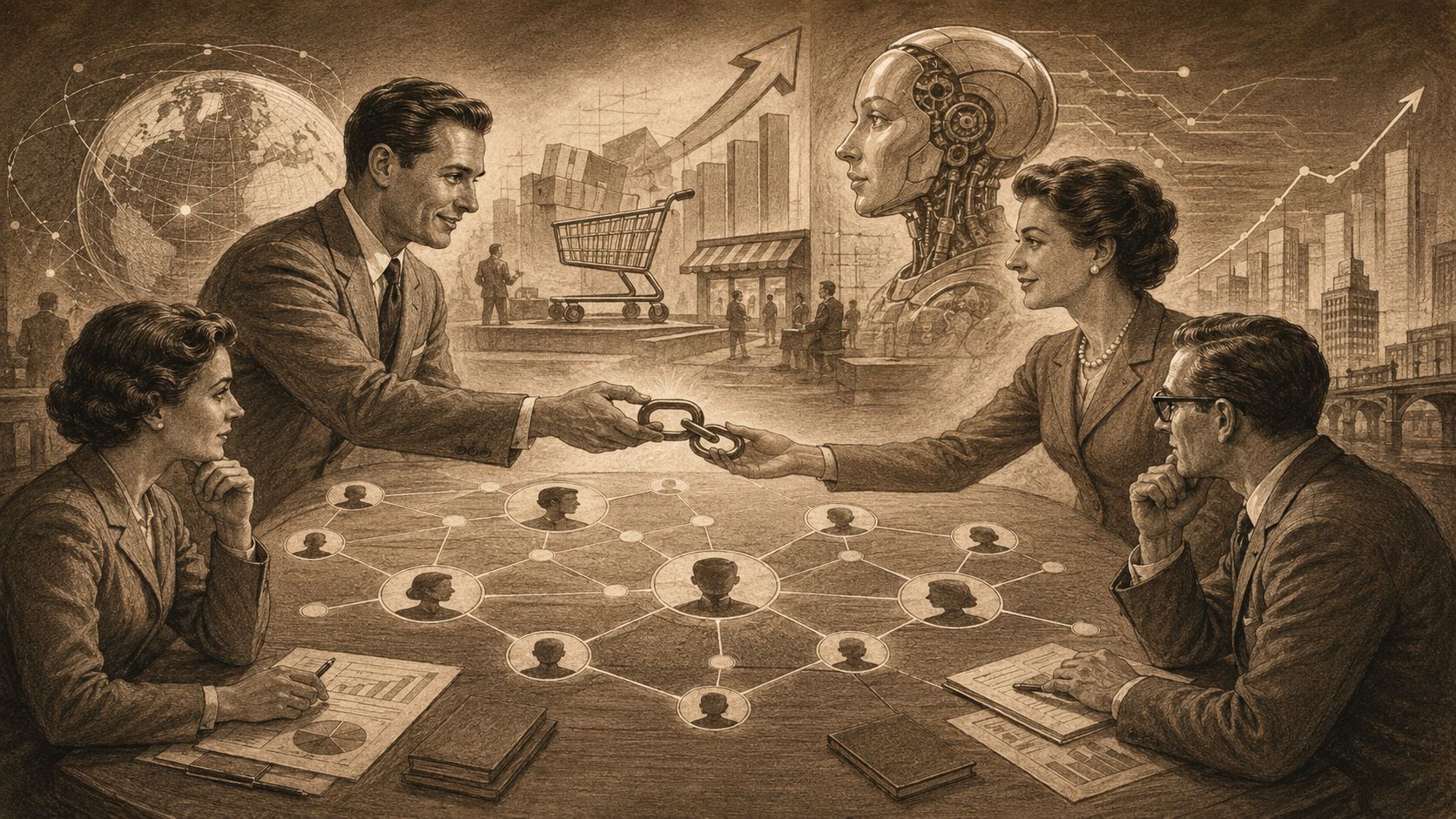 Empresarios y un robot colaborando en una estrategia de redes de negocios digitales en un entorno corporativo.