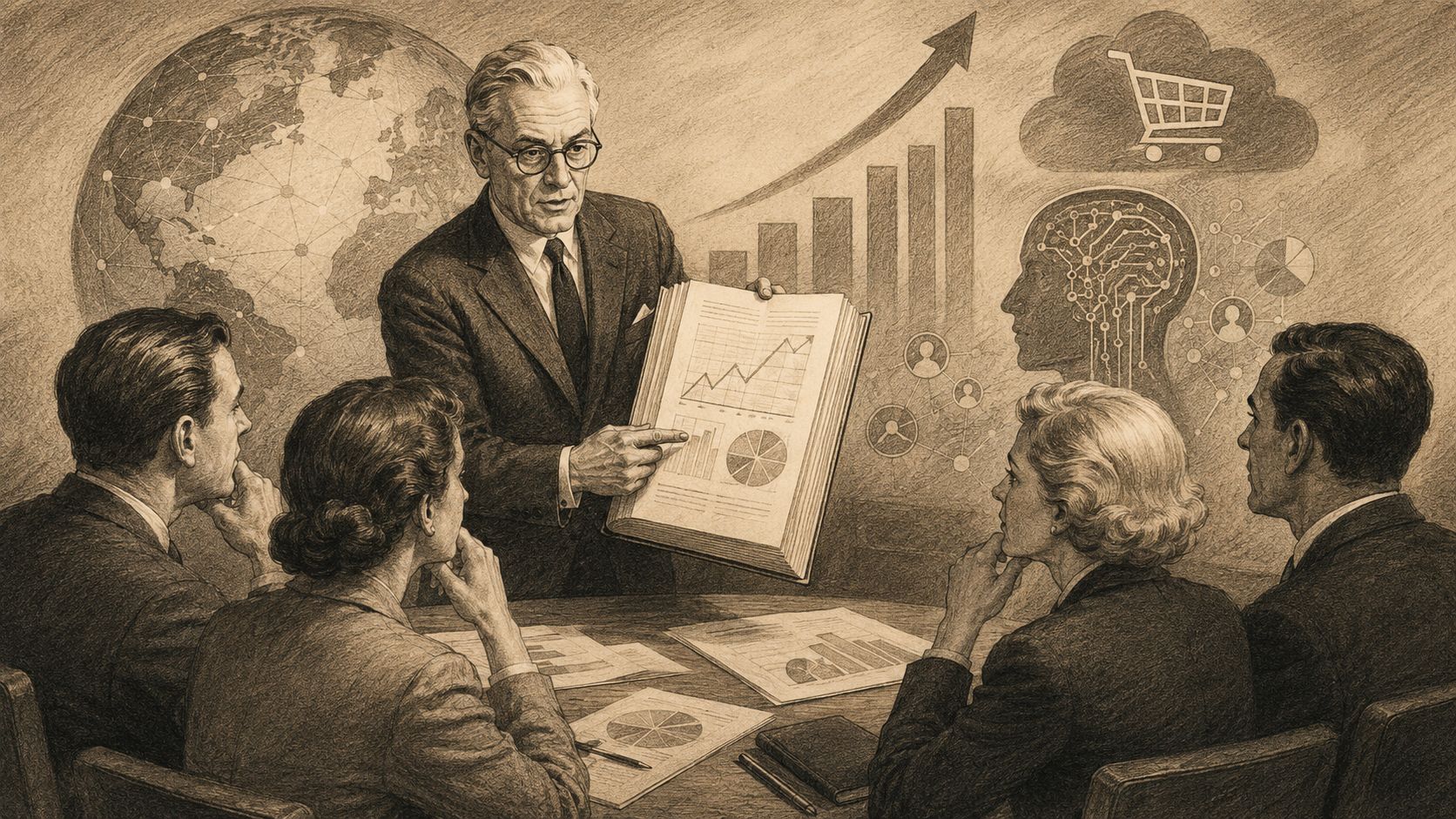 Un ejecutivo presenta gráficos de crecimiento en una reunión de negocios retro con su equipo corporativo
