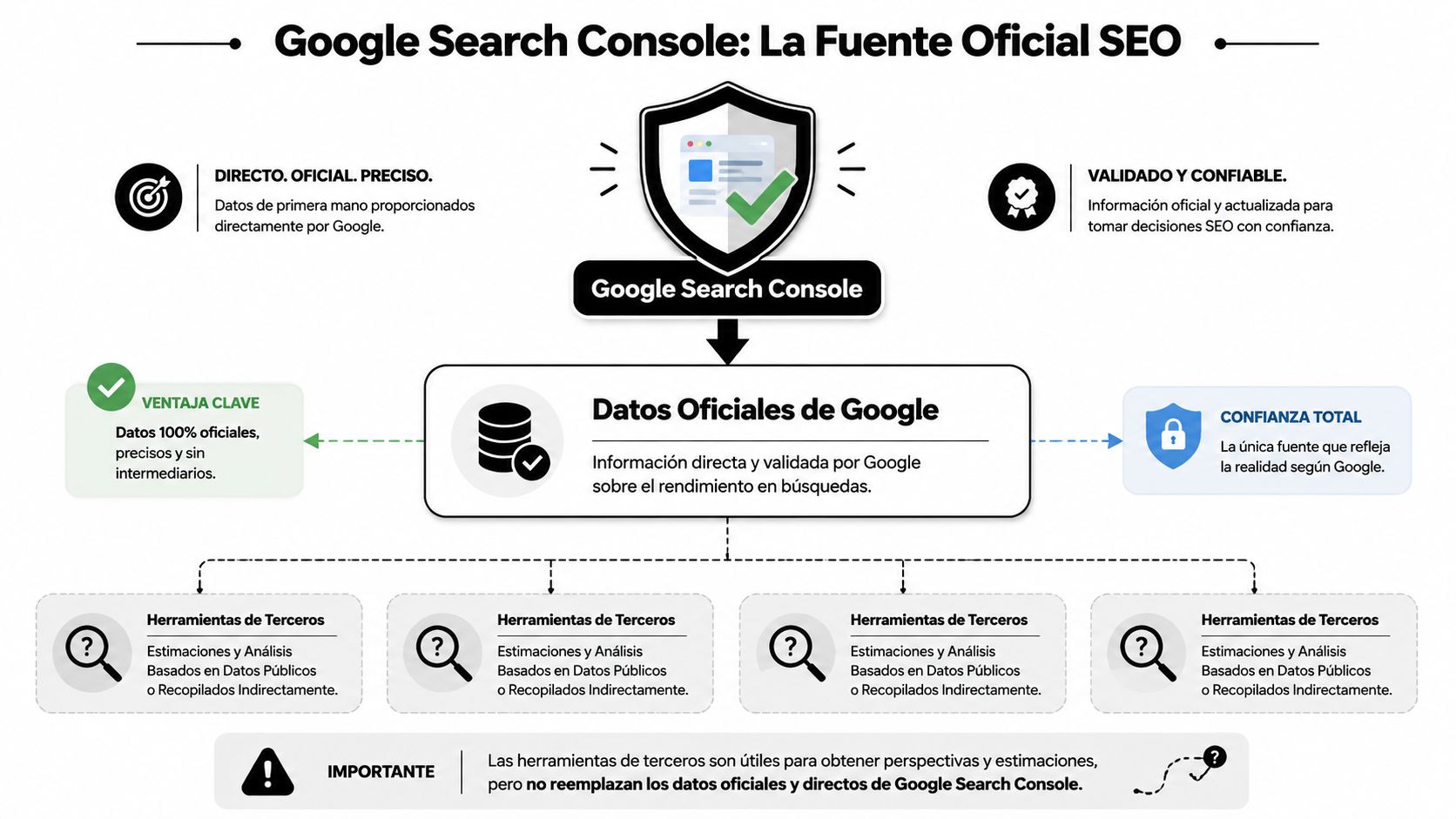 Infografía que compara los datos oficiales de Google Search Console frente a herramientas SEO de terceros externas.