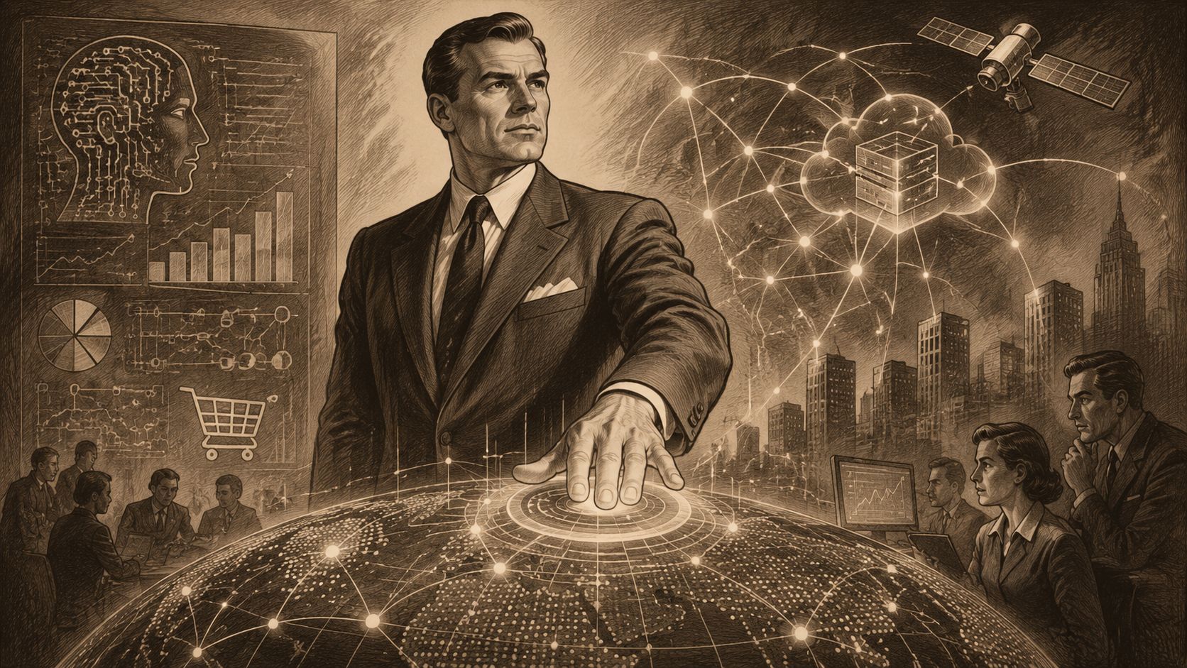 Un ejecutivo supervisando redes de datos globales y tecnología avanzada con un estilo de ilustración vintage.