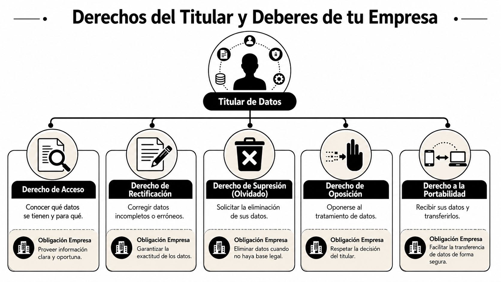 Infografía sobre los derechos del titular de datos personales y las obligaciones correspondientes de la empresa.