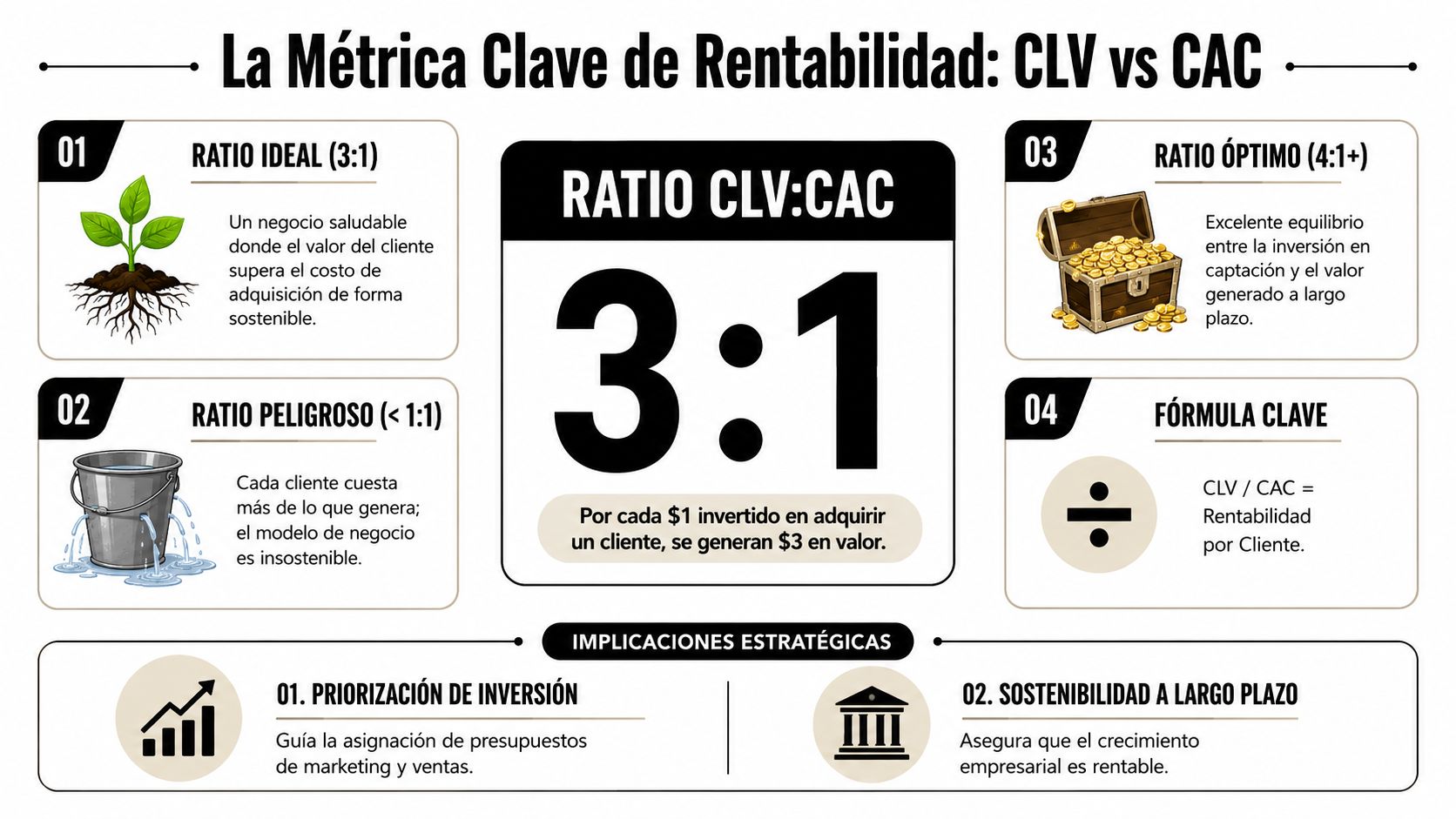 Infografía sobre la métrica CLV vs CAC que explica la rentabilidad en la adquisición de clientes.