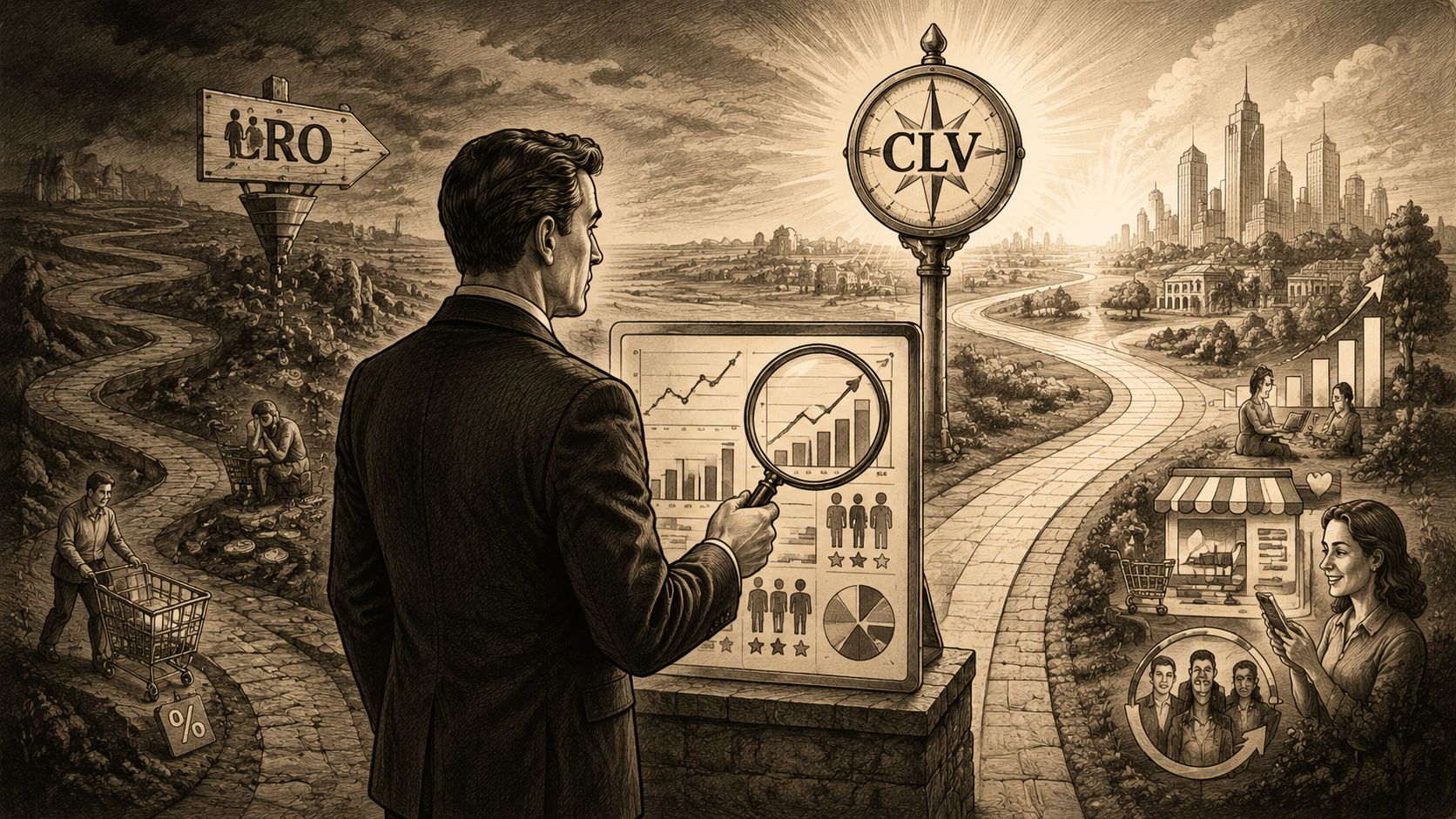Un ejecutivo analizando métricas de valor de vida del cliente hacia un futuro empresarial próspero y exitoso.