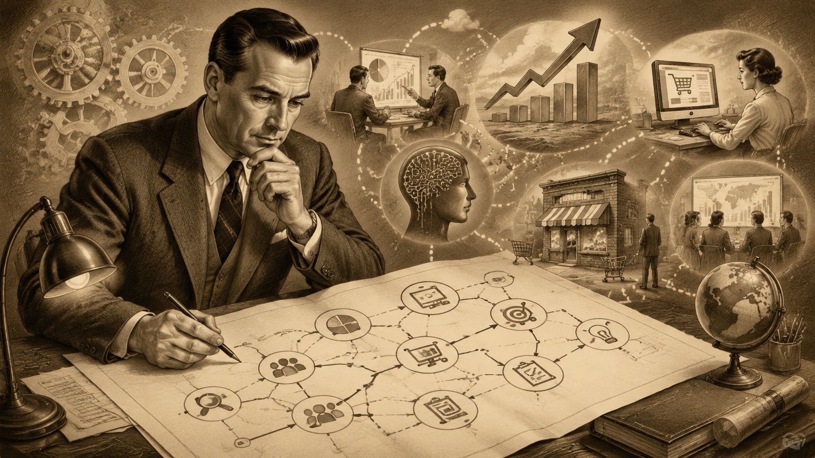 Empresario analizando un mapa estratégico de negocios con elementos de planificación, datos analíticos y crecimiento comercial.