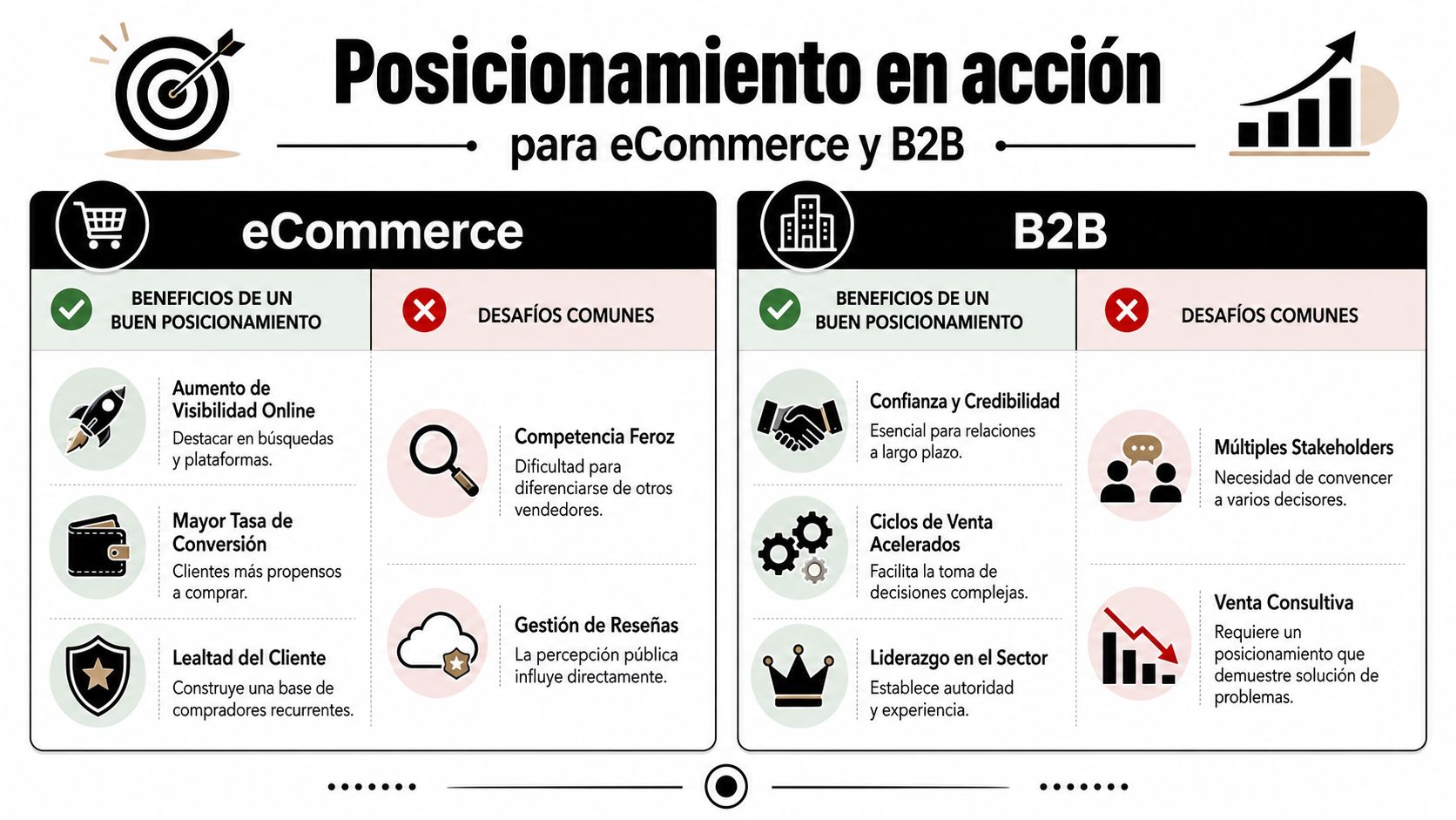 Infografía comparativa sobre posicionamiento de marca en modelos de negocio eCommerce y B2B, destacando beneficios y desafíos.