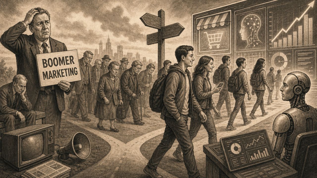 Ilustración que contrasta el marketing tradicional con la tecnología moderna y la inteligencia artificial en la actualidad.
