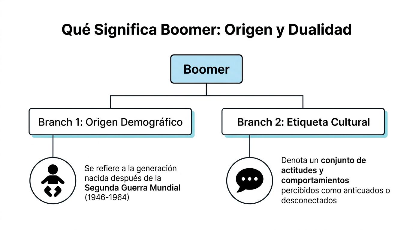 Diagrama que explica el origen generacional y la etiqueta cultural del término Boomer de manera clara.