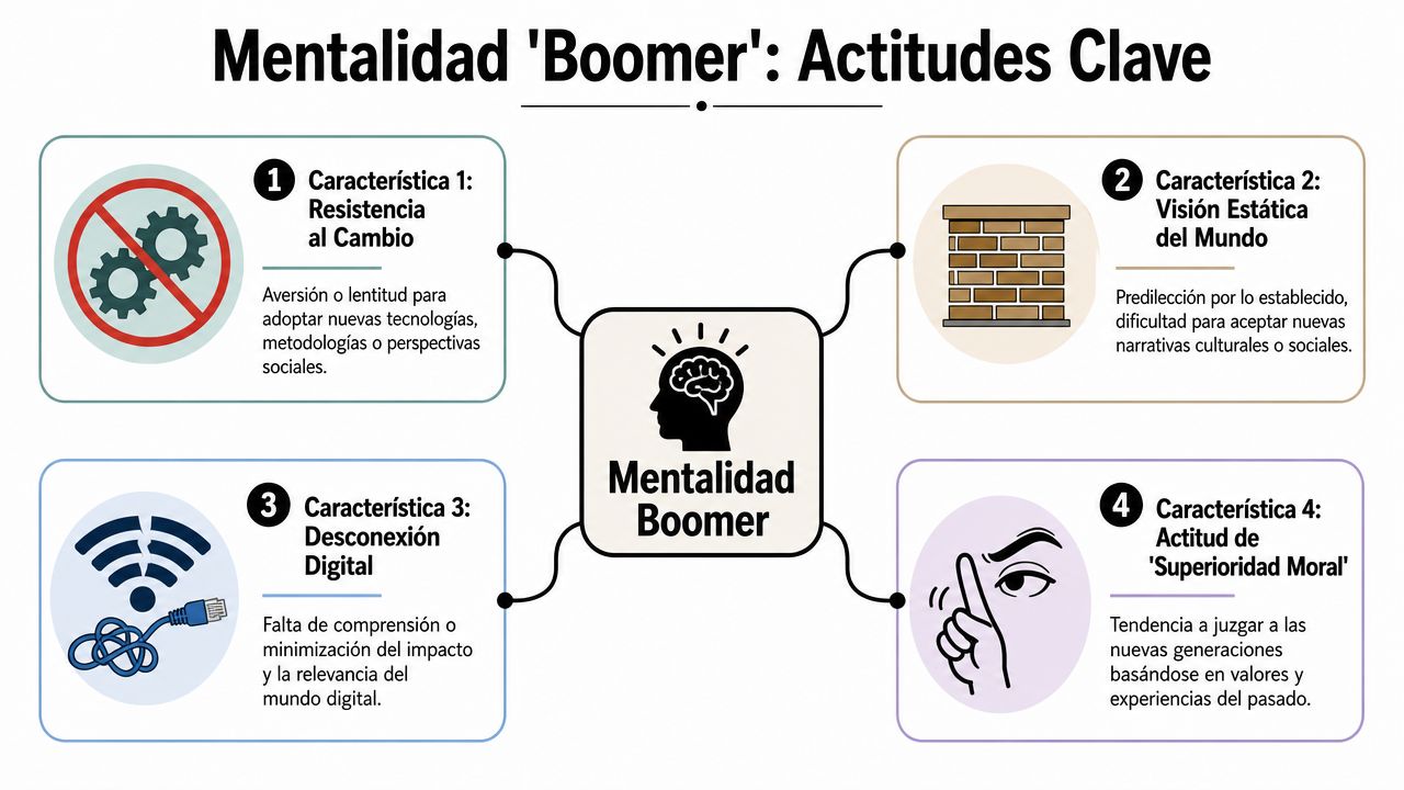 Infografía sobre la mentalidad boomer detallando cuatro características clave de este tipo de actitud generacional.