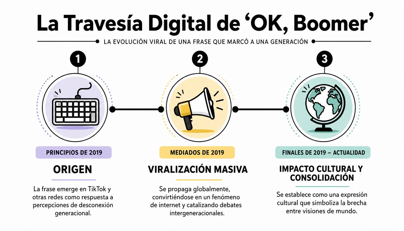 Infografía sobre la evolución de la frase viral OK Boomer, detallando su origen, difusión y impacto cultural.