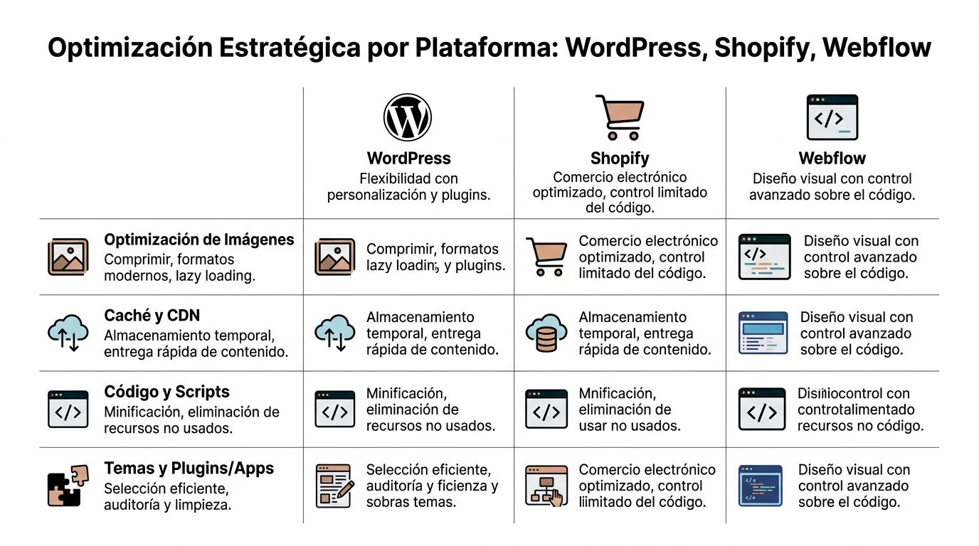 Tabla comparativa de estrategias de optimización de rendimiento web para las plataformas WordPress, Shopify y Webflow.