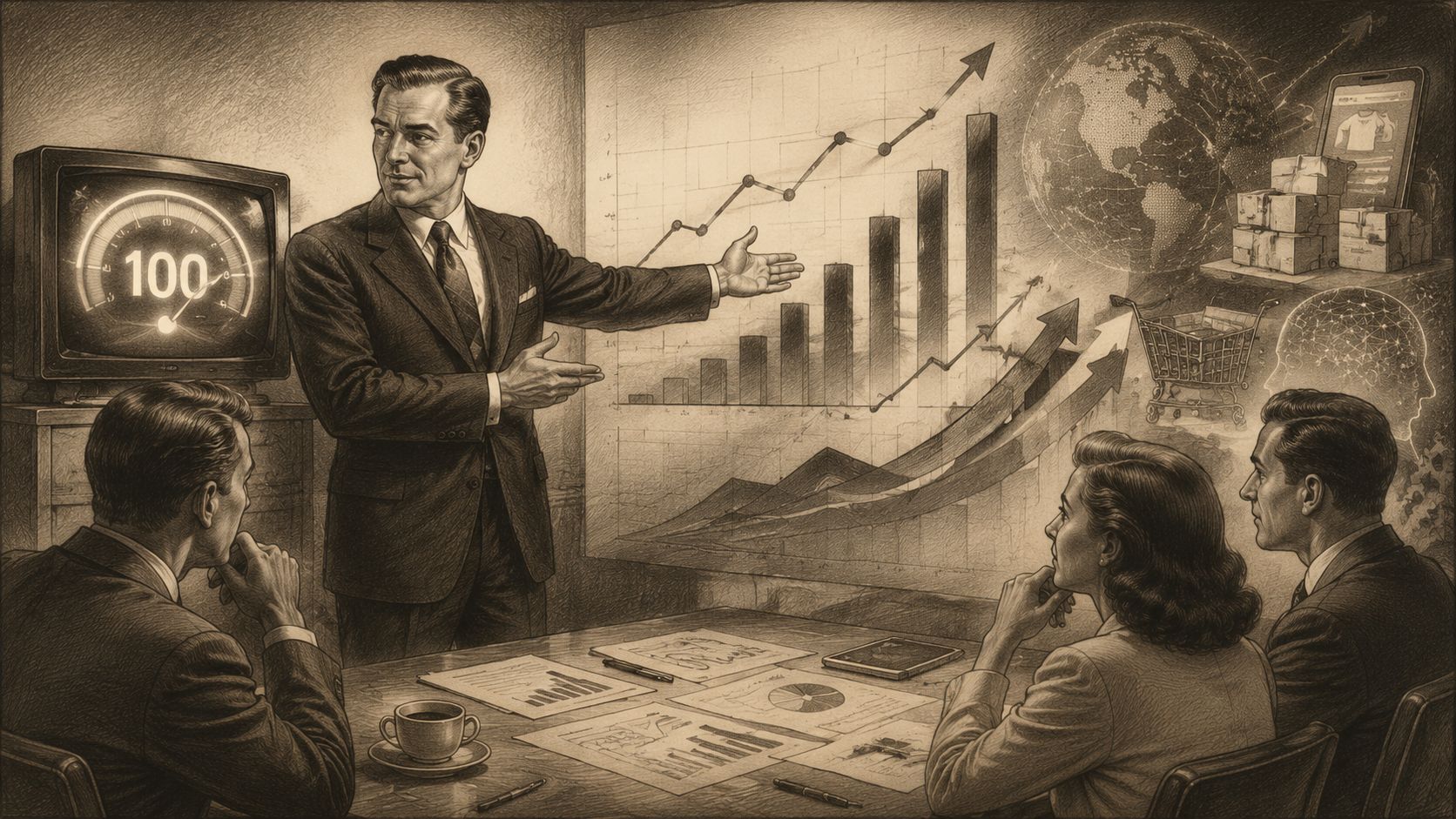 Un ejecutivo de negocios presentando gráficos de crecimiento en una reunión corporativa con un estilo artístico retro.