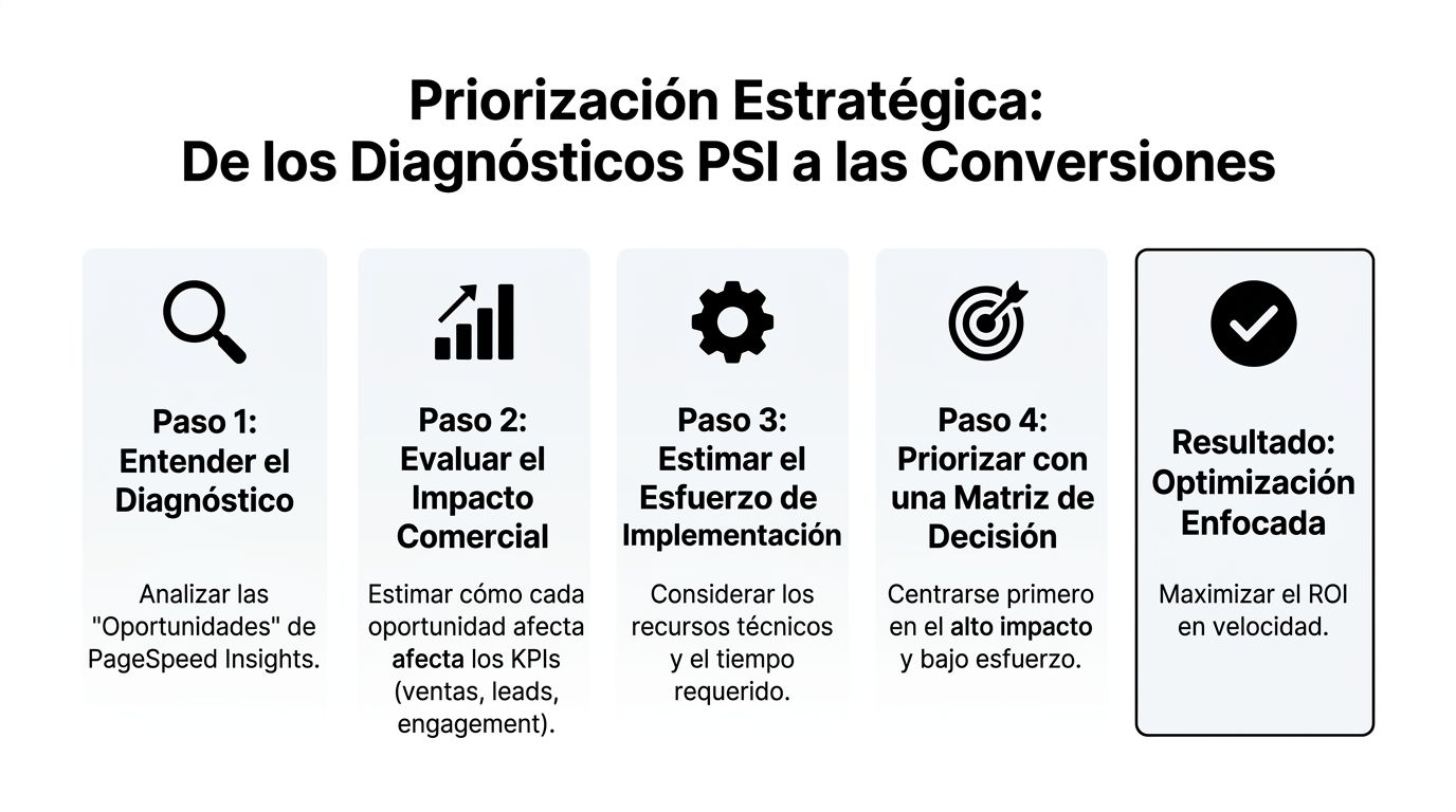 Diagrama de flujo que muestra los pasos estratégicos para optimizar el rendimiento web mediante PageSpeed Insights.