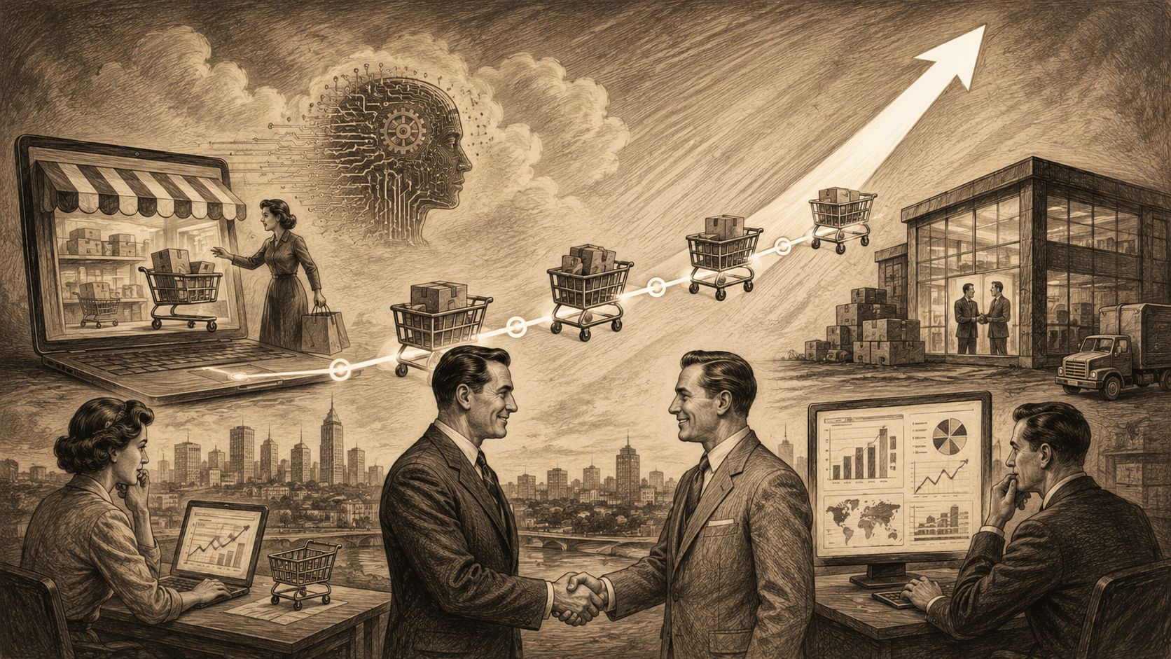 Representación artística de la evolución del comercio digital y la experiencia del cliente con análisis de datos.