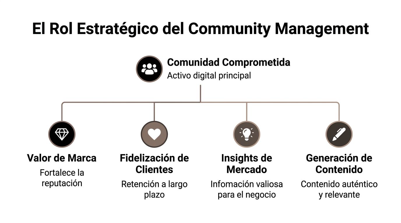 Diagrama del rol estratégico del community management, destacando la importancia de construir una comunidad digital comprometida.