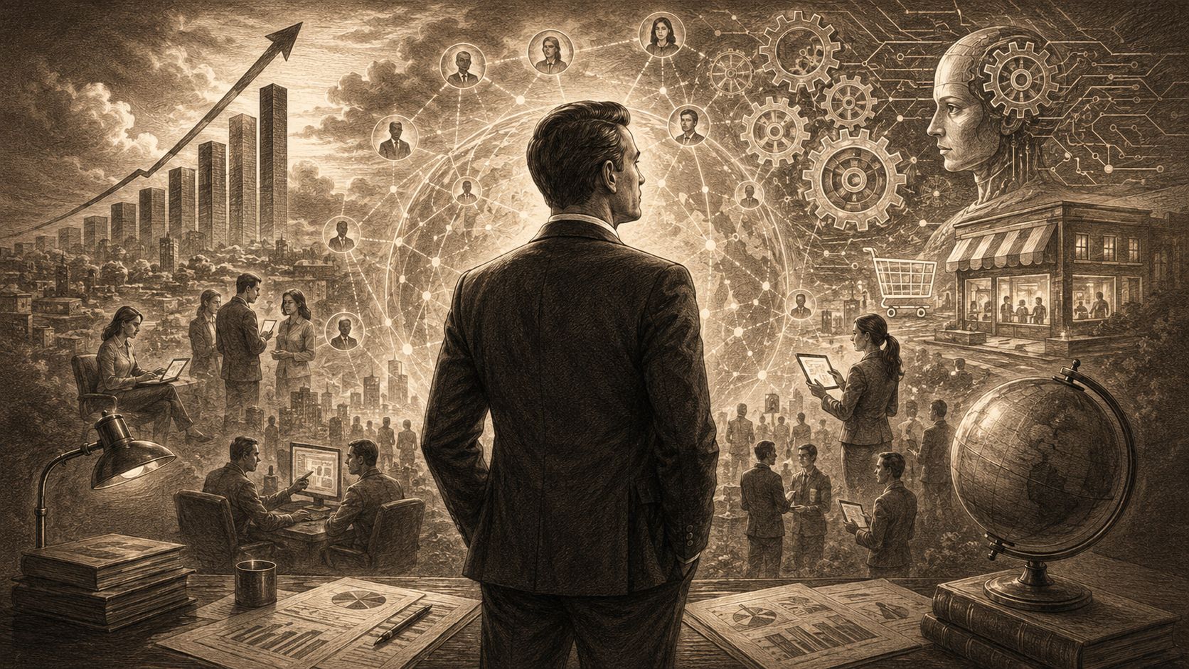 Un hombre de negocios observa una red global conectada por inteligencia artificial en una ilustración conceptual.
