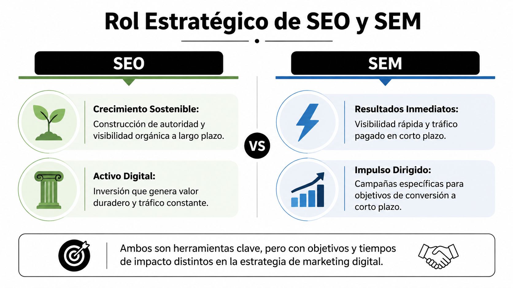 Infografía comparativa que explica las diferencias estratégicas entre SEO para crecimiento orgánico y SEM para resultados inmediatos.