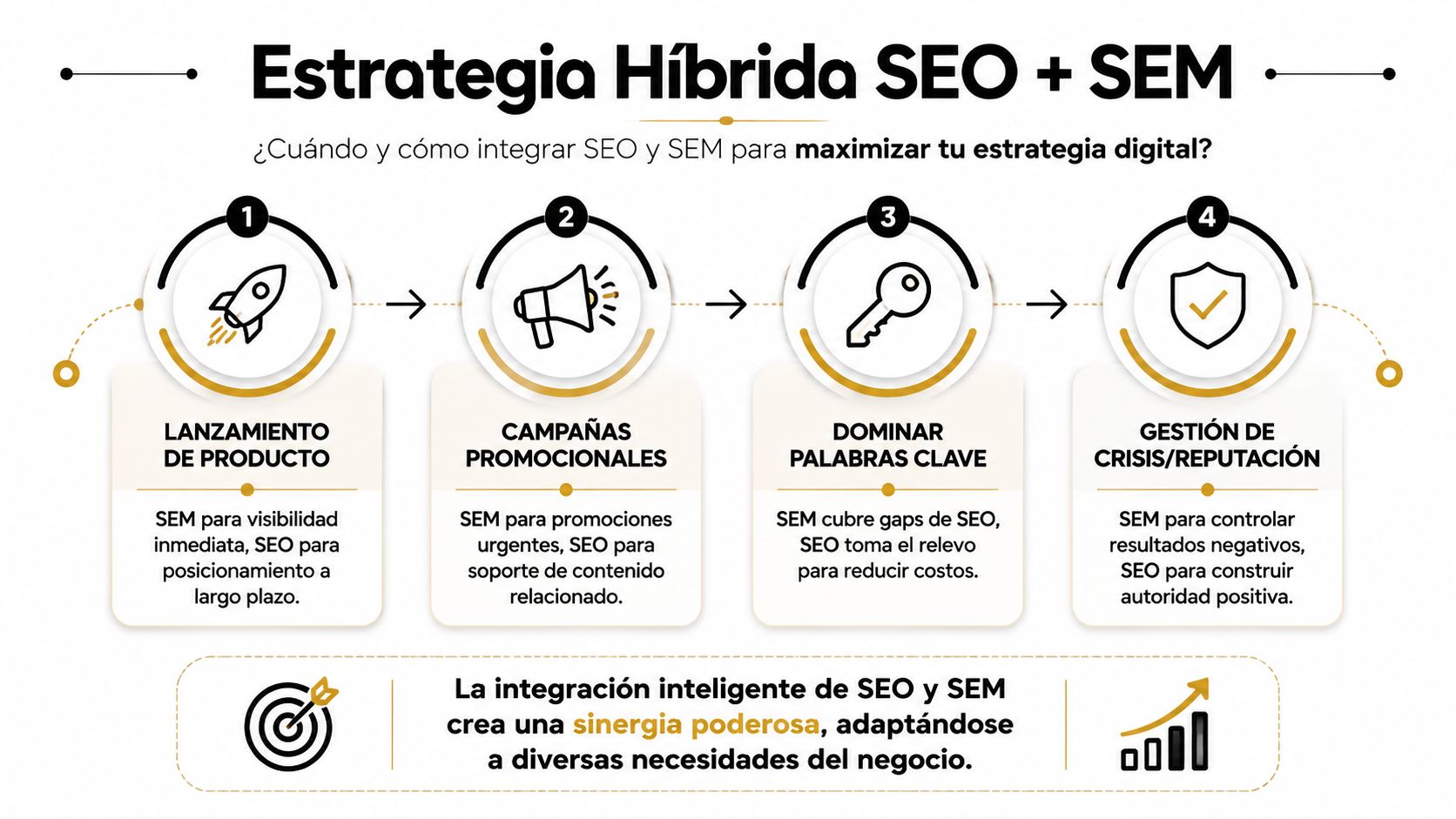 Diagrama que explica cómo integrar estrategias de SEO y SEM para maximizar el rendimiento de un negocio.