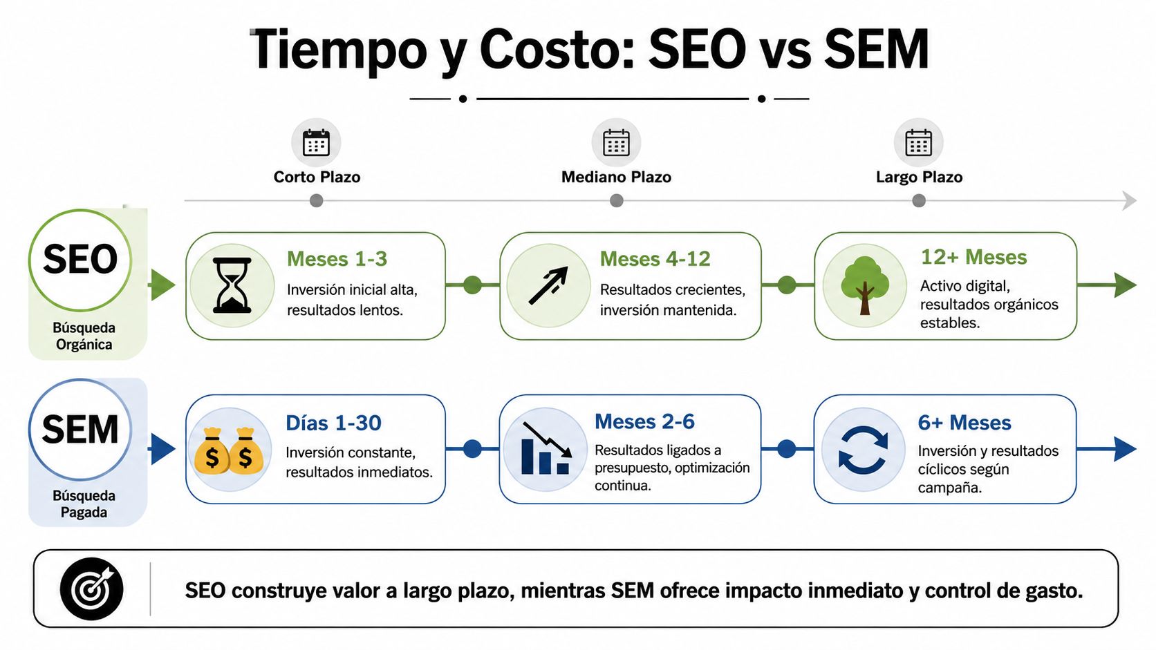 Infografía comparativa detallando las diferencias en tiempo y costo entre estrategias de marketing SEO y SEM.