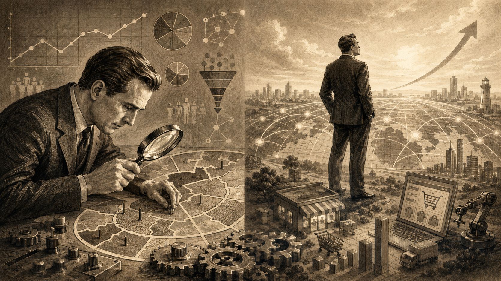 Un empresario analizando datos y estrategia de negocios con gráficos, simbolizando la planificación y ejecución empresarial.