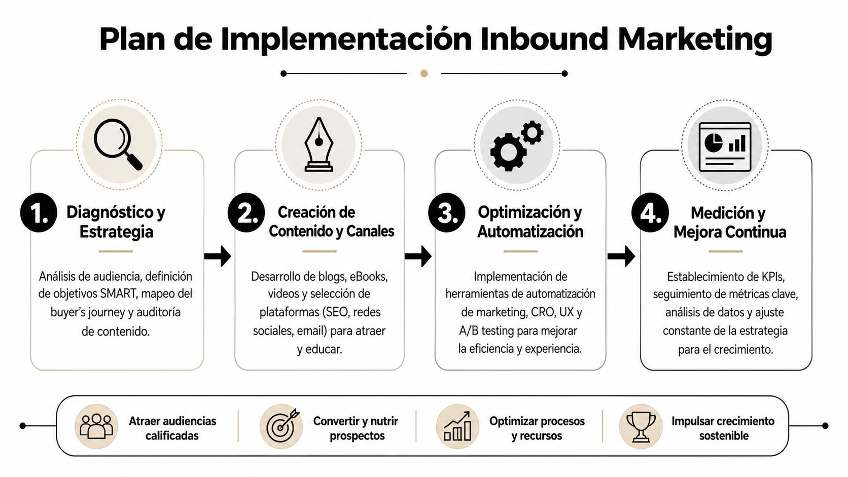 Diagrama de cuatro etapas para la implementación de una estrategia efectiva de inbound marketing para empresas.