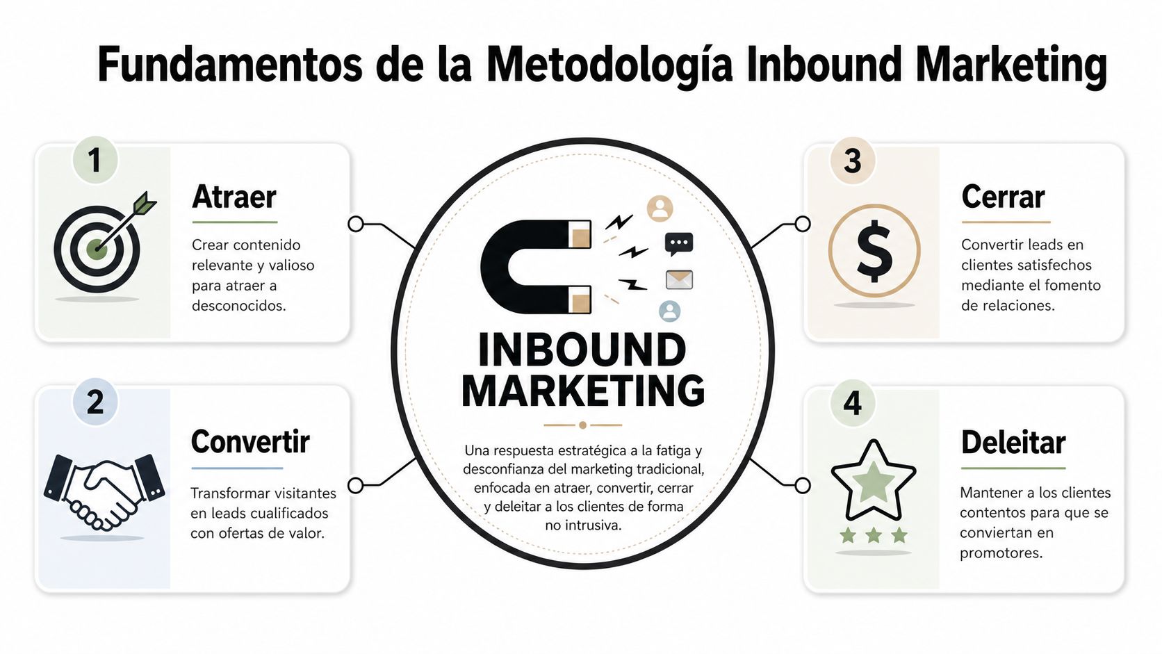 Diagrama de los cuatro fundamentos de la metodología Inbound Marketing: atraer, convertir, cerrar y deleitar.