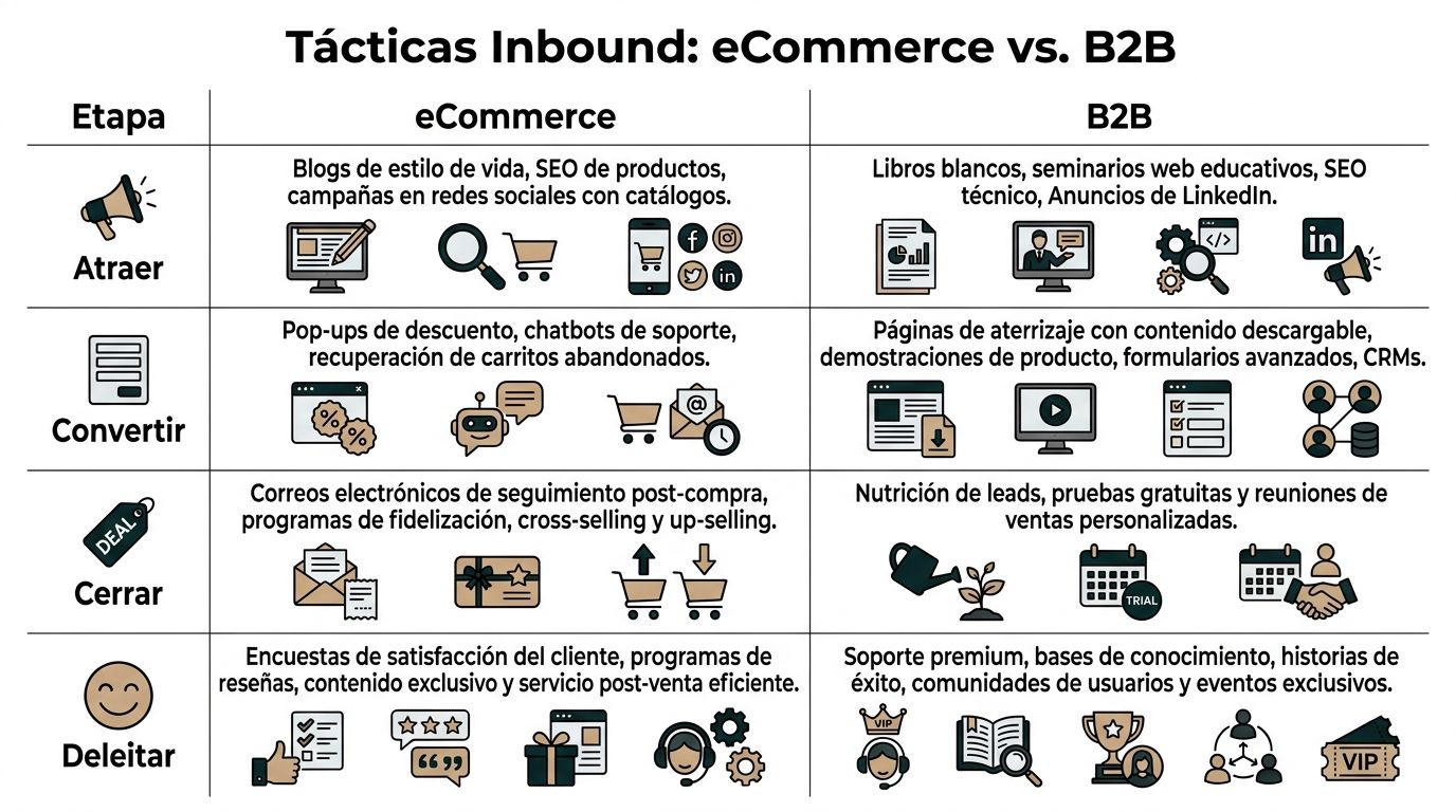 Cuadro comparativo que muestra las tácticas de inbound marketing específicas para modelos de negocio eCommerce y B2B.
