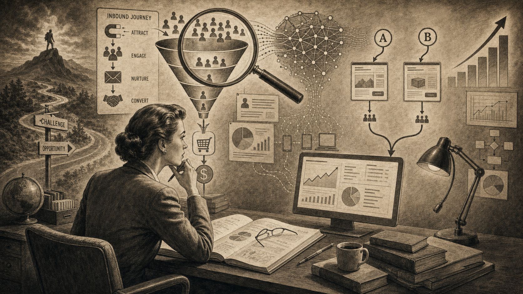 Mujer analizando una estrategia de inbound marketing con embudos de ventas y gráficos en su oficina.