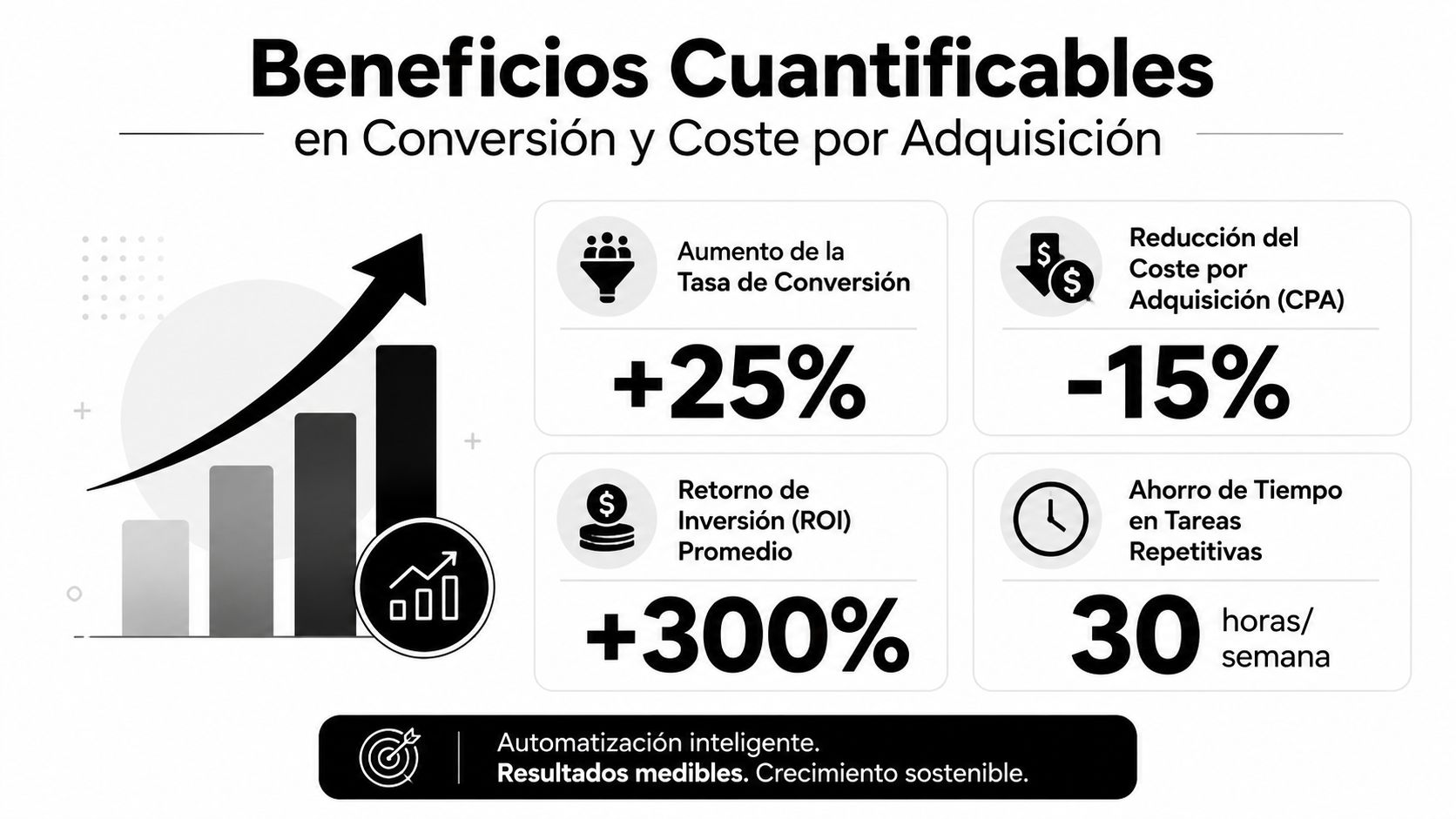 Gráfico que muestra los beneficios cuantificables de la automatización de marketing: conversión, retorno de inversión y ahorro de tiempo.
