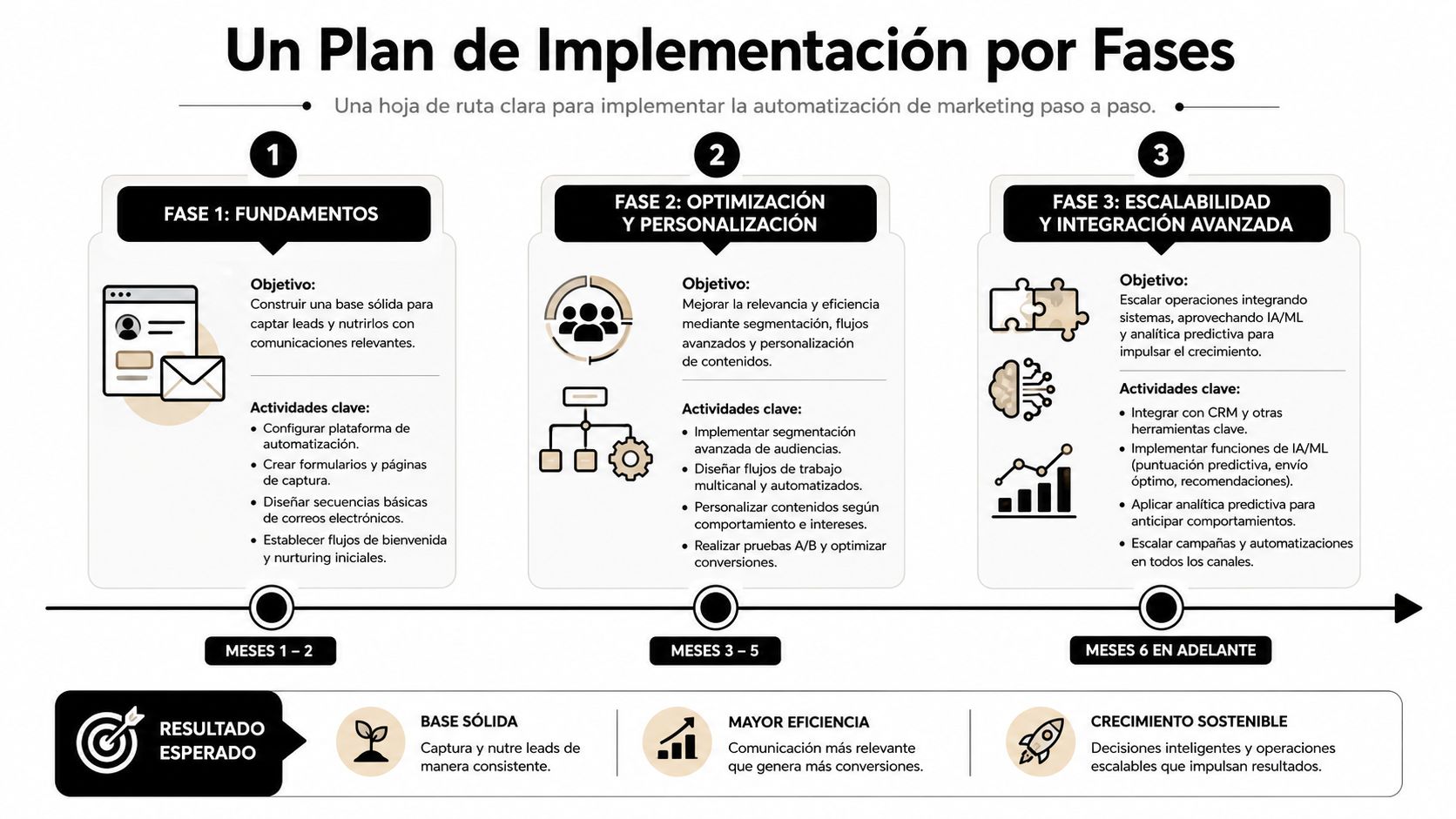 Infografía que detalla un plan de implementación por fases para automatizar procesos de marketing digital paso a paso.
