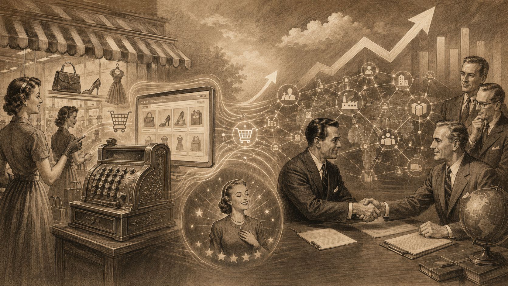 Ilustración vintage sobre la evolución del comercio, desde tiendas tradicionales hasta la experiencia digital global conectada.