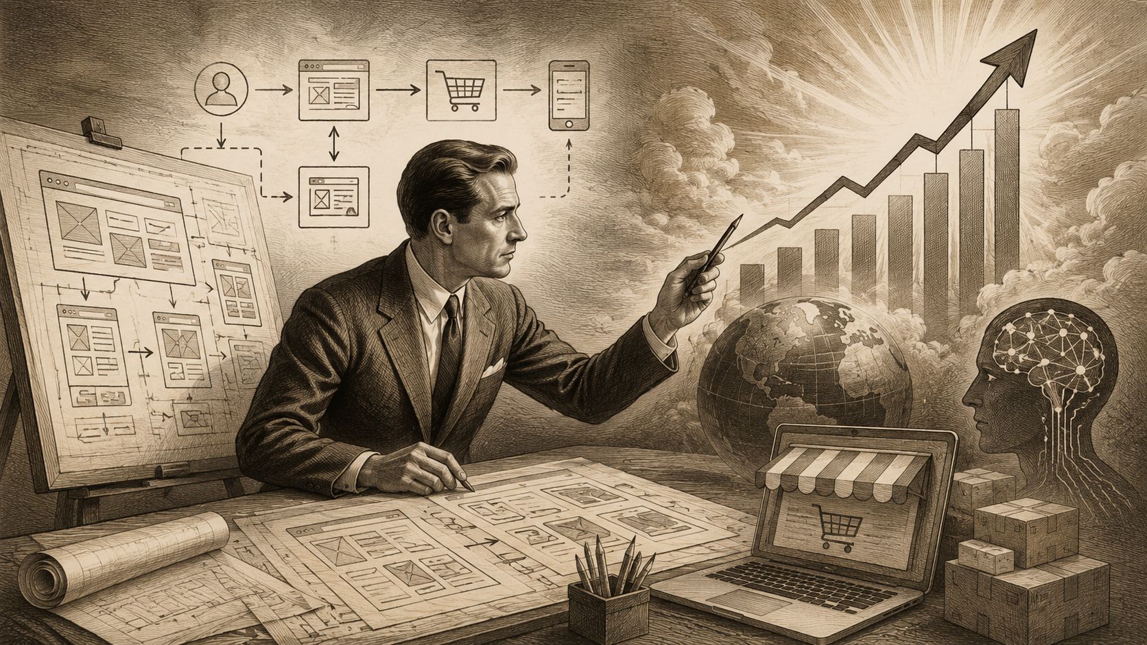 Un ejecutivo analizando diagramas de flujo y diseños de interfaces web en un entorno de negocios profesional.