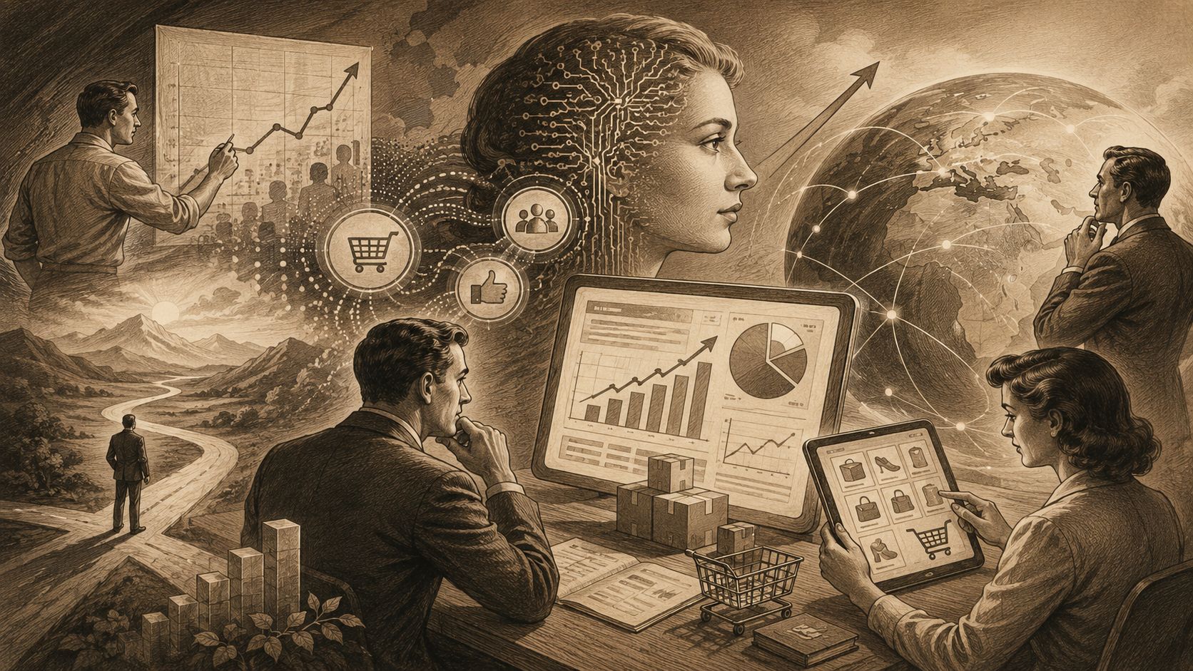 Representación artística en tono sepia sobre diseño de experiencia de usuario, análisis de datos y comercio electrónico global.