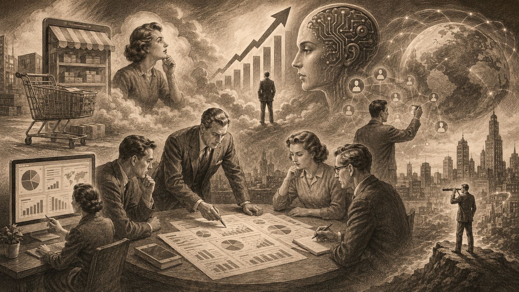 Representación artística en estilo boceto vintage de profesionales analizando datos, tecnología de inteligencia artificial y estrategia global empresarial.