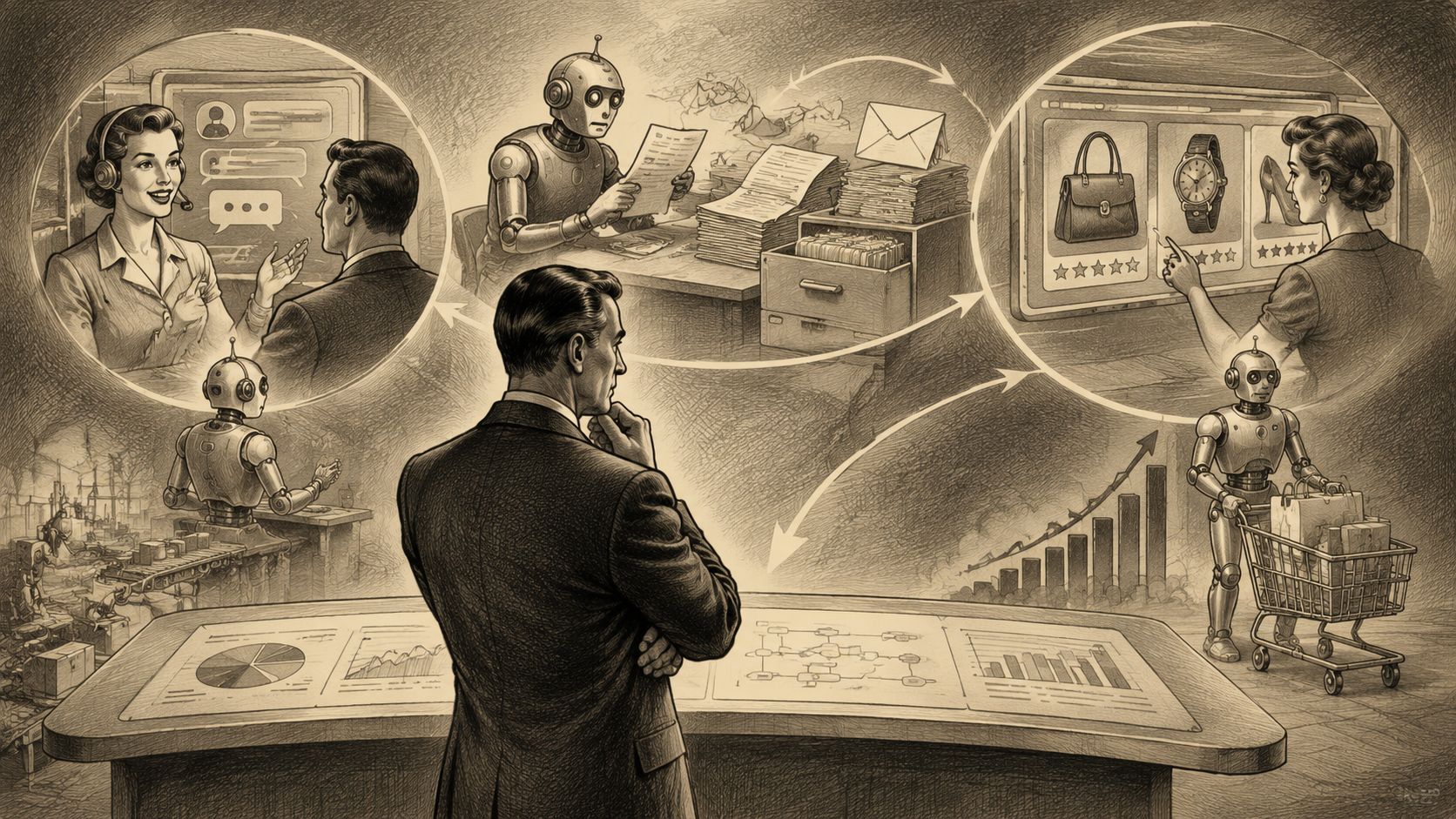 Un ejecutivo observa representaciones de agentes de inteligencia artificial interactuando con procesos de negocio y clientes.
