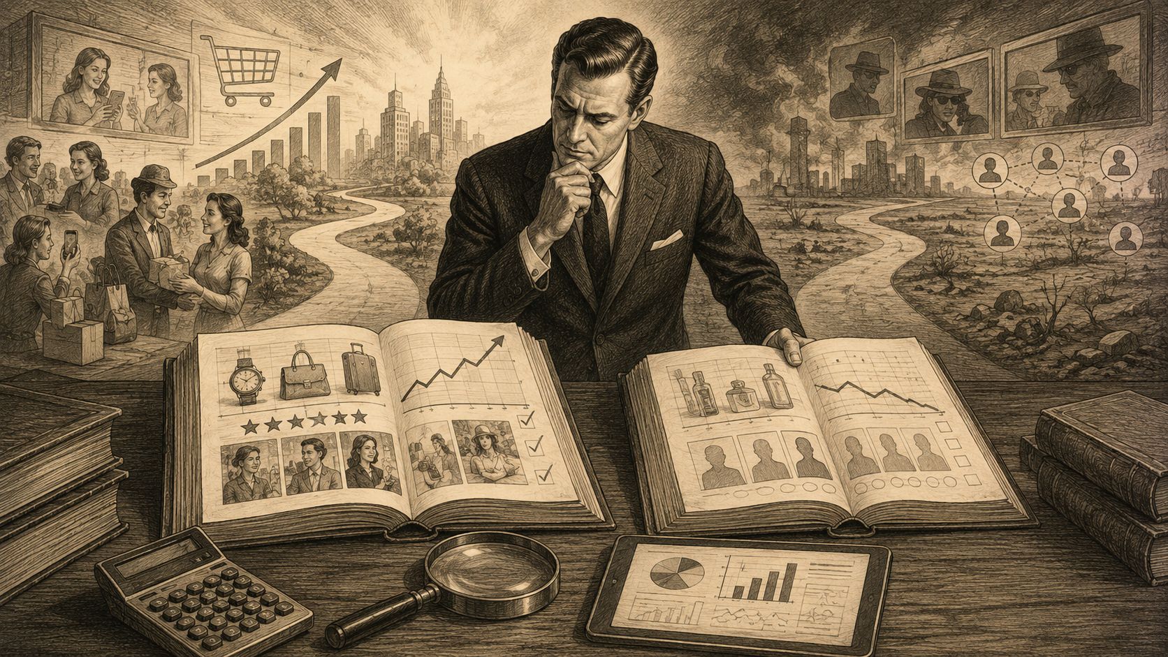 Un ejecutivo analizando dos opciones de negocio contrastantes en libros antiguos con gráficos de crecimiento y declive.