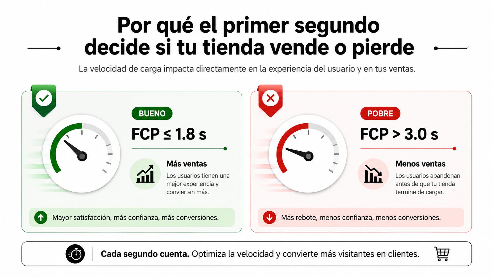 Infografía comparativa mostrando cómo la velocidad de carga FCP influye en las ventas de una tienda online.