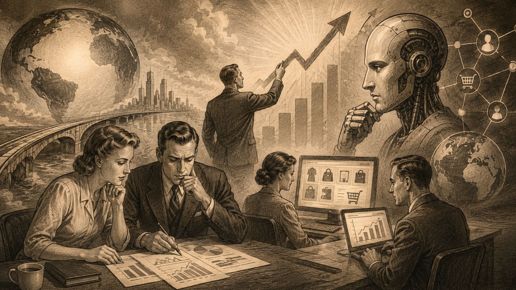 Representación artística en sepia que muestra profesionales trabajando con datos, tecnología, inteligencia artificial y comercio global.