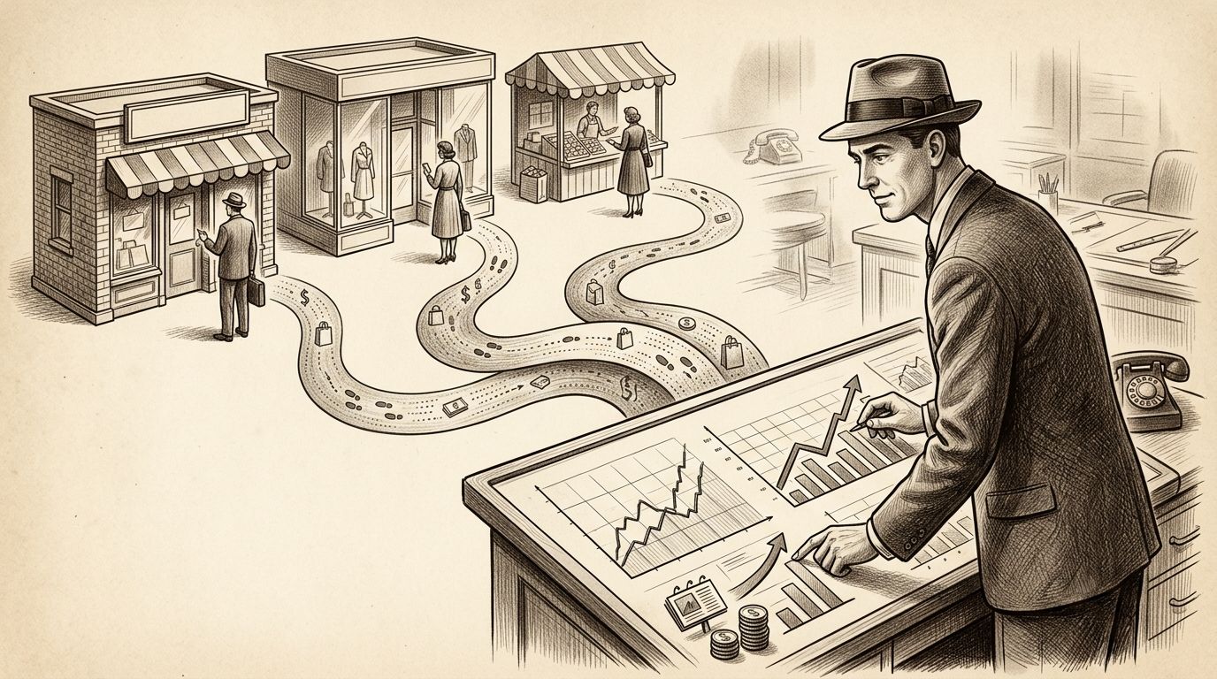 Ilustración de un analista estudiando el recorrido del cliente a través de múltiples puntos de venta físicos.