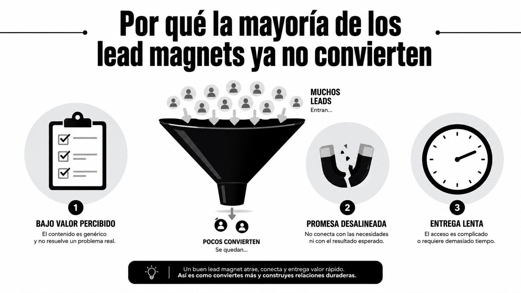 Infografía sobre por qué la mayoría de los lead magnets no logran convertir clientes potenciales efectivamente.