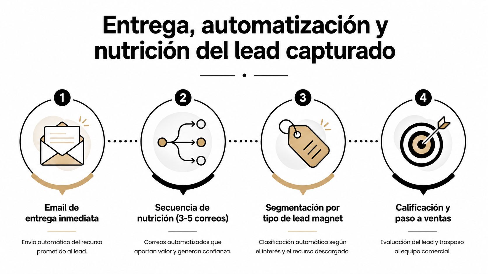 Diagrama de cuatro pasos sobre la entrega, automatización y nutrición de leads tras descargar un lead magnet.