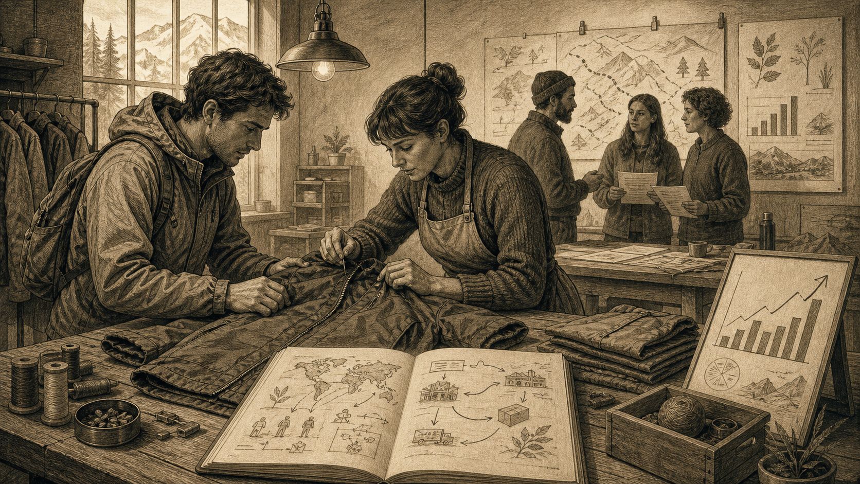 Dos personas trabajando juntas en un taller artesanal reparando una chaqueta con herramientas sobre una mesa.