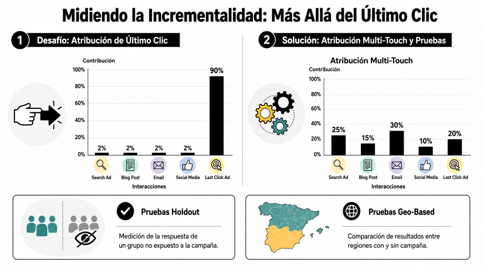 Gráfico comparando la atribución de último clic frente a modelos multicanal y pruebas de incrementalidad de marketing.
