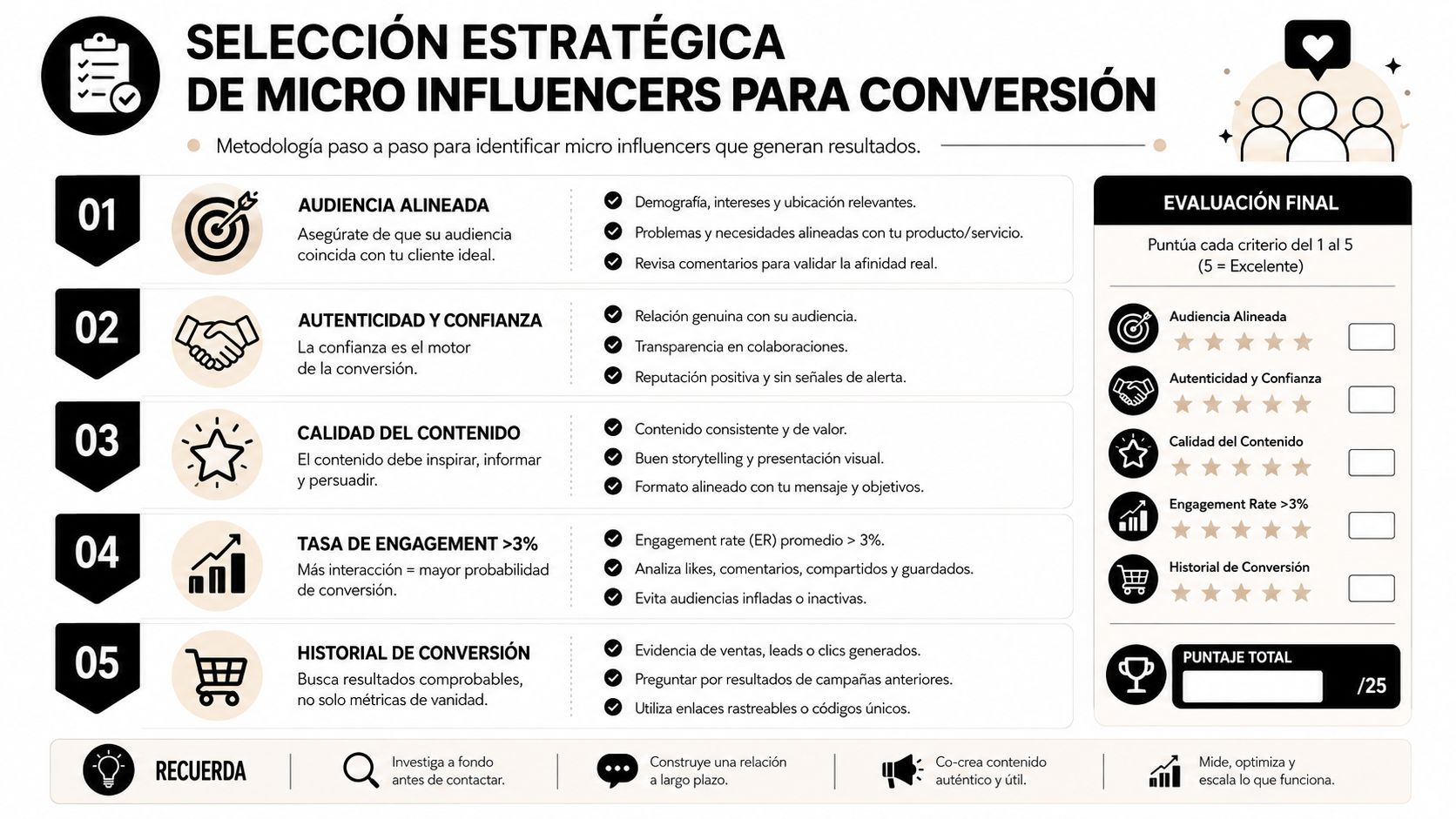 Infografía con metodología de cinco pasos para la selección estratégica de micro influencers enfocada en la conversión.