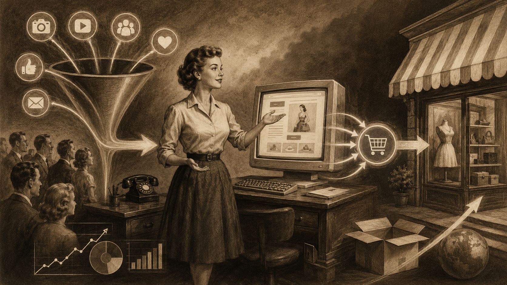 Una ilustración vintage de una mujer gestionando marketing digital que guía clientes hacia una tienda de moda online.