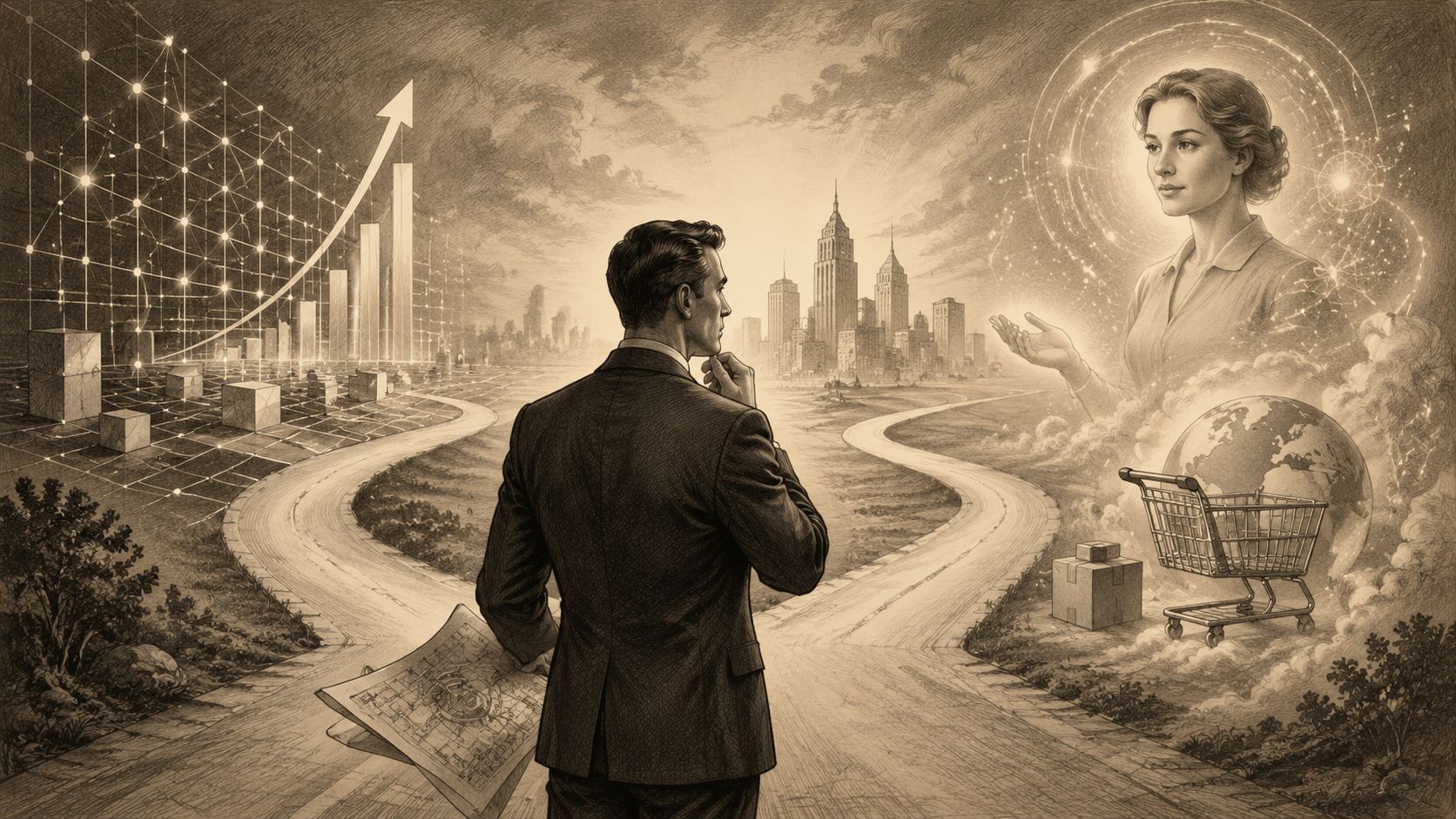 Un empresario contempla un camino hacia datos financieros y otro hacia el comercio global con inteligencia artificial.