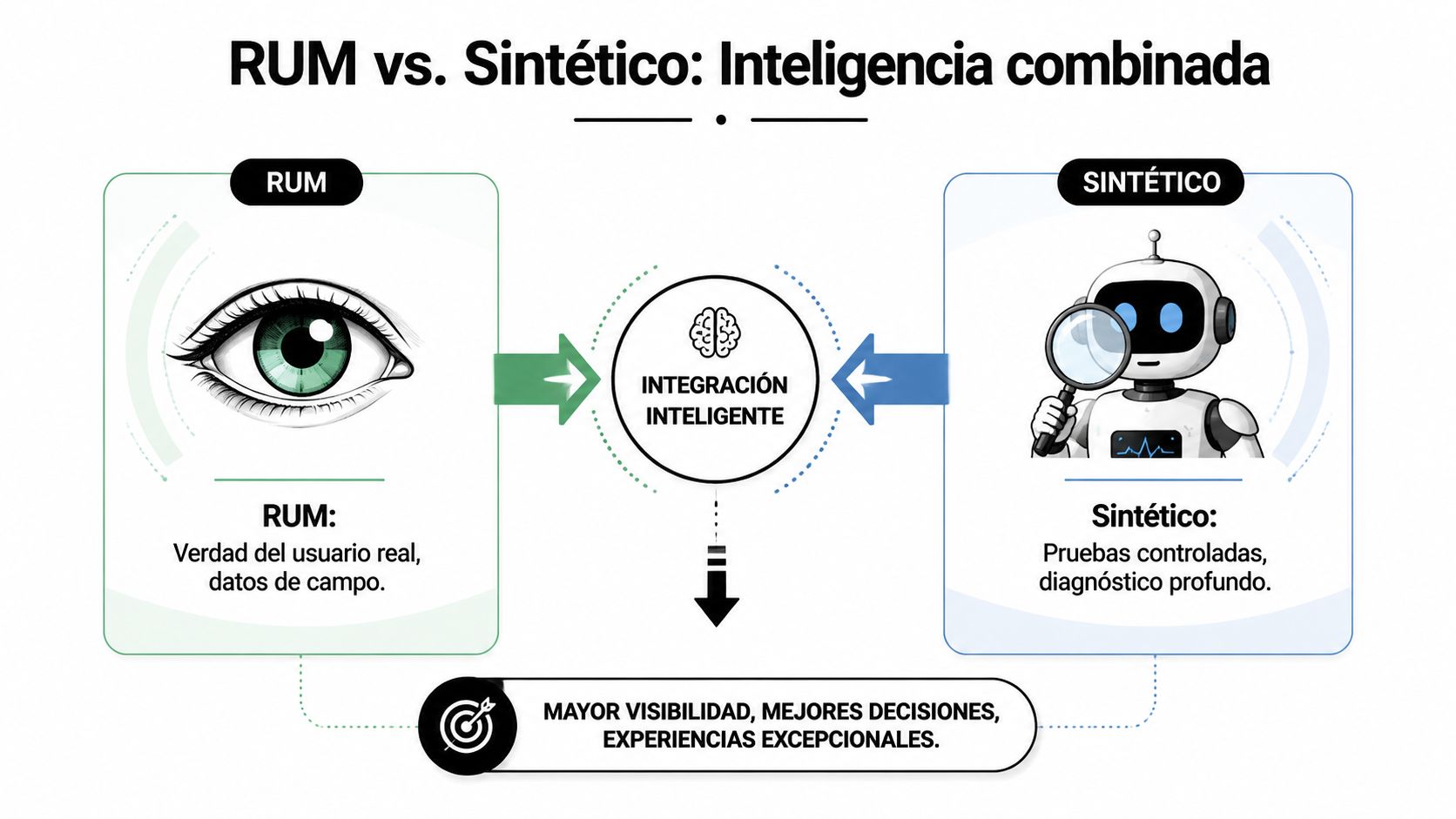 Diagrama comparativo que muestra cómo la integración de RUM y monitoreo sintético mejora el rendimiento web.